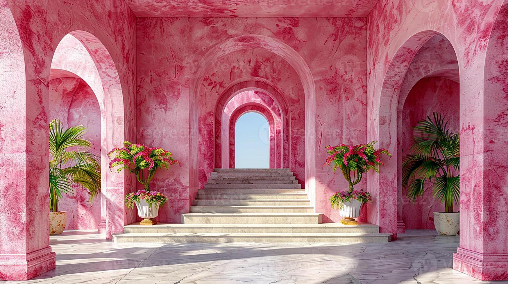 A pink hallway with arches and a staircase photo