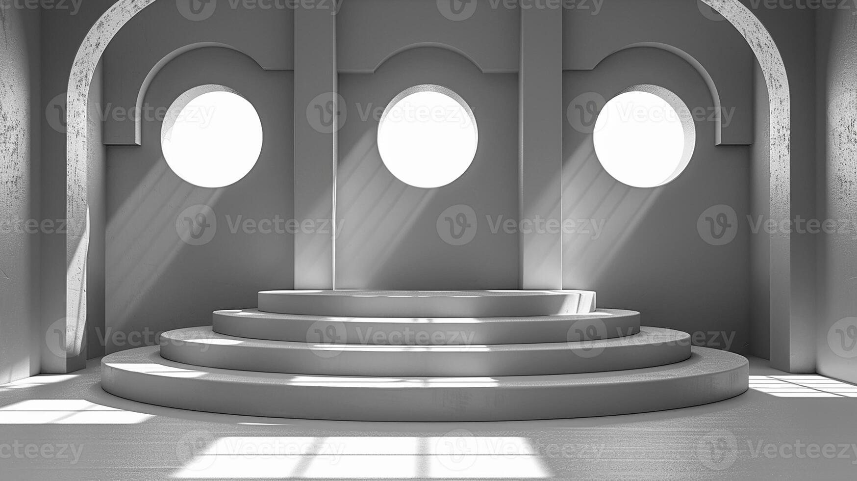 3d rendering of a room with three arched windows photo