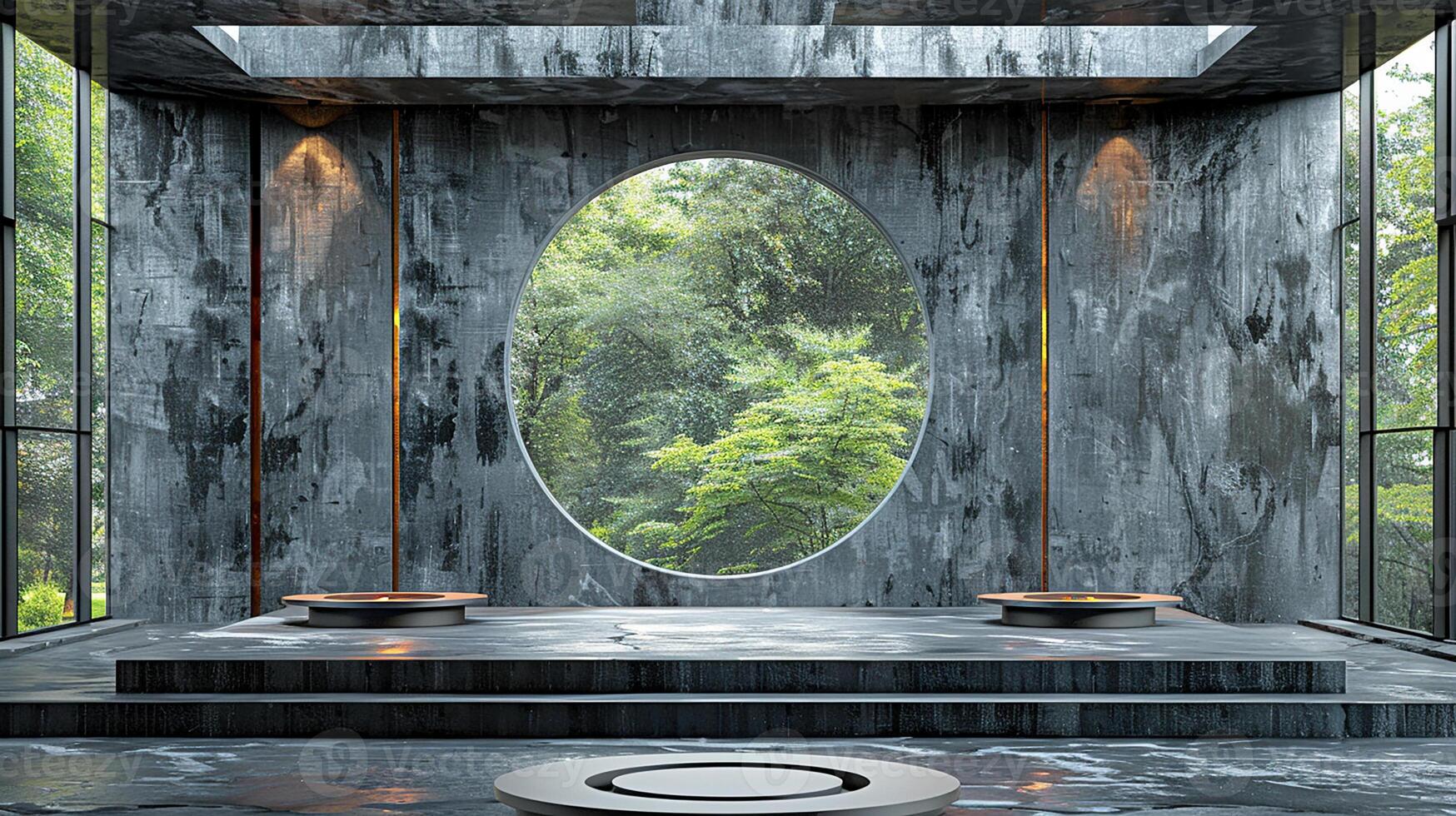 A bathroom with a large round window and a large sink photo