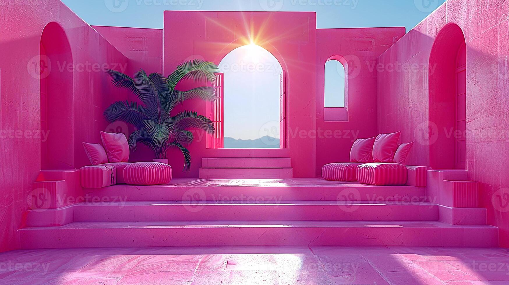 A pink room with a sun shining through the window photo