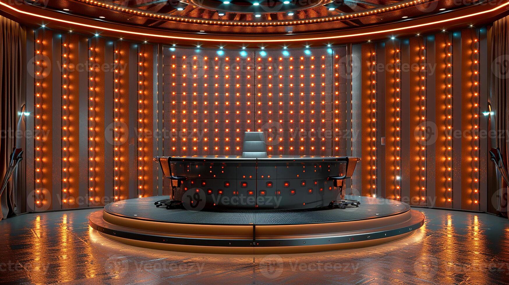 A large stage with a large round table in the middle photo