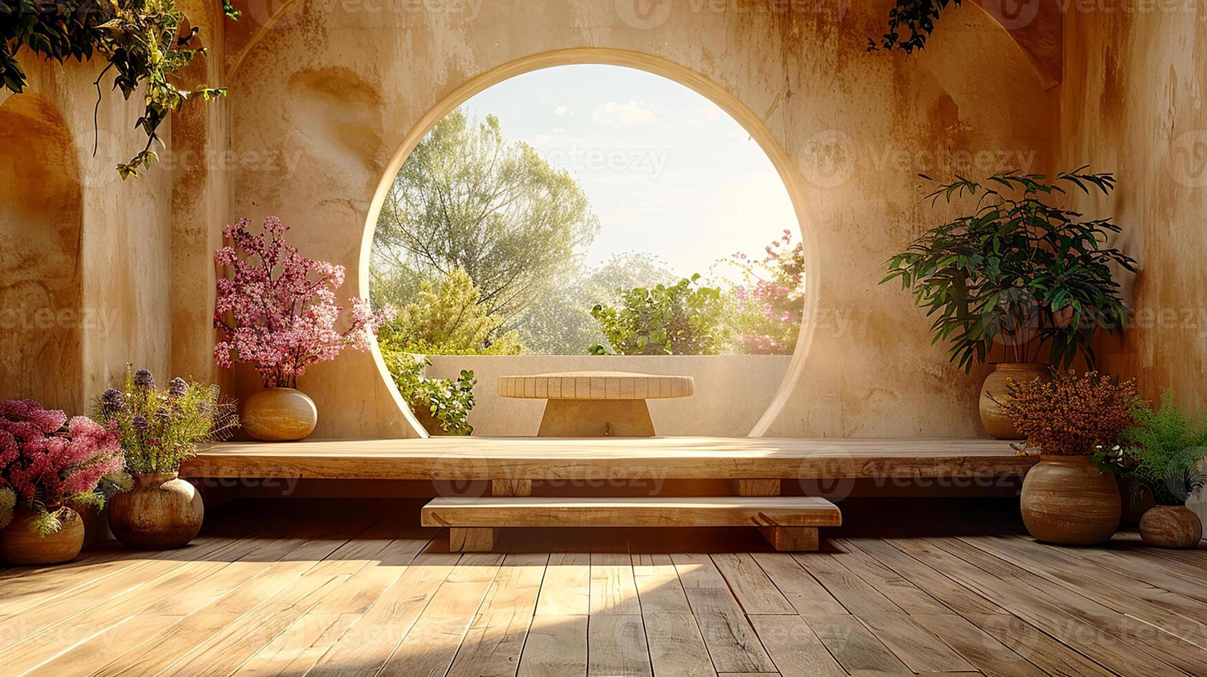 A room with a bench and a window with a view photo