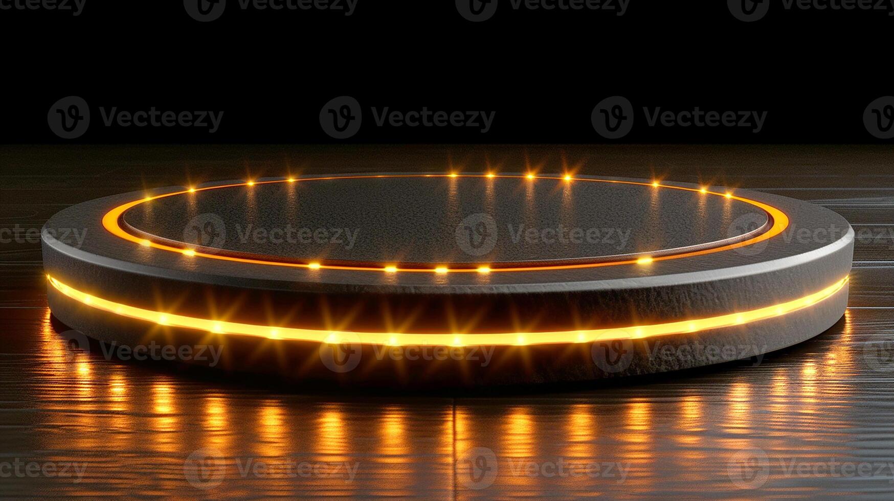 A glowing circular object on a wooden table photo
