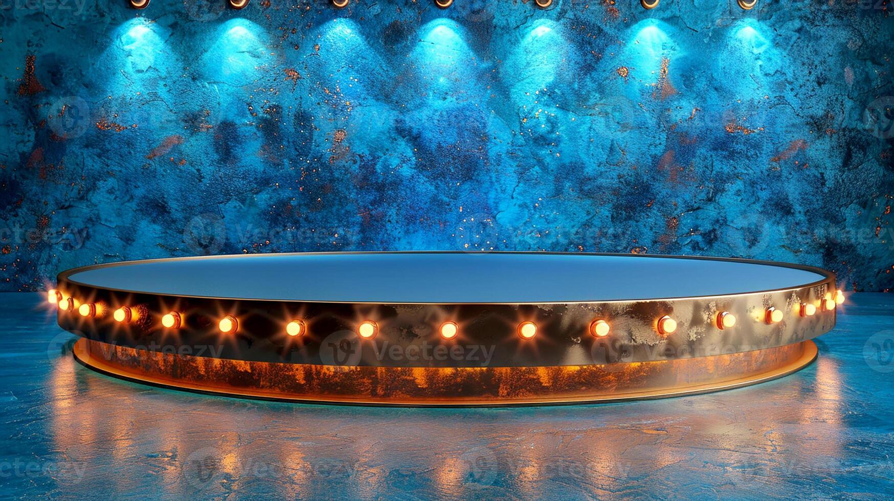 A round table with lights on it in front of a blue wall photo