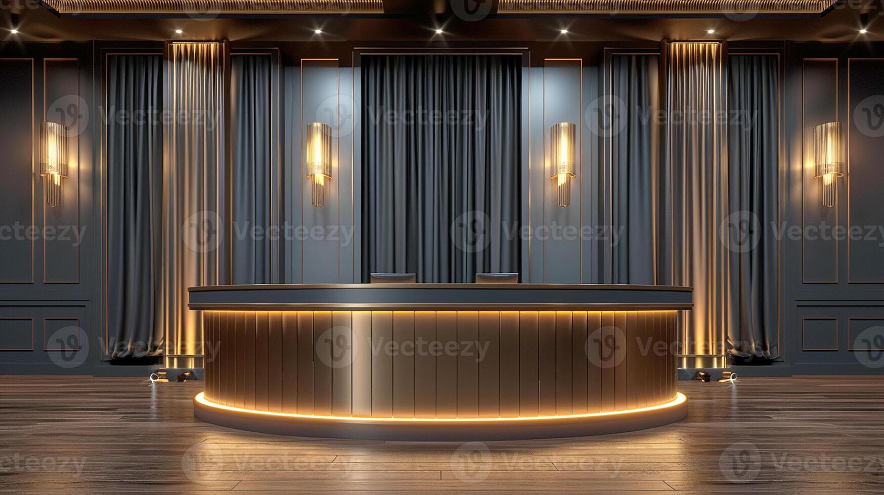 A large reception desk in a dark room photo