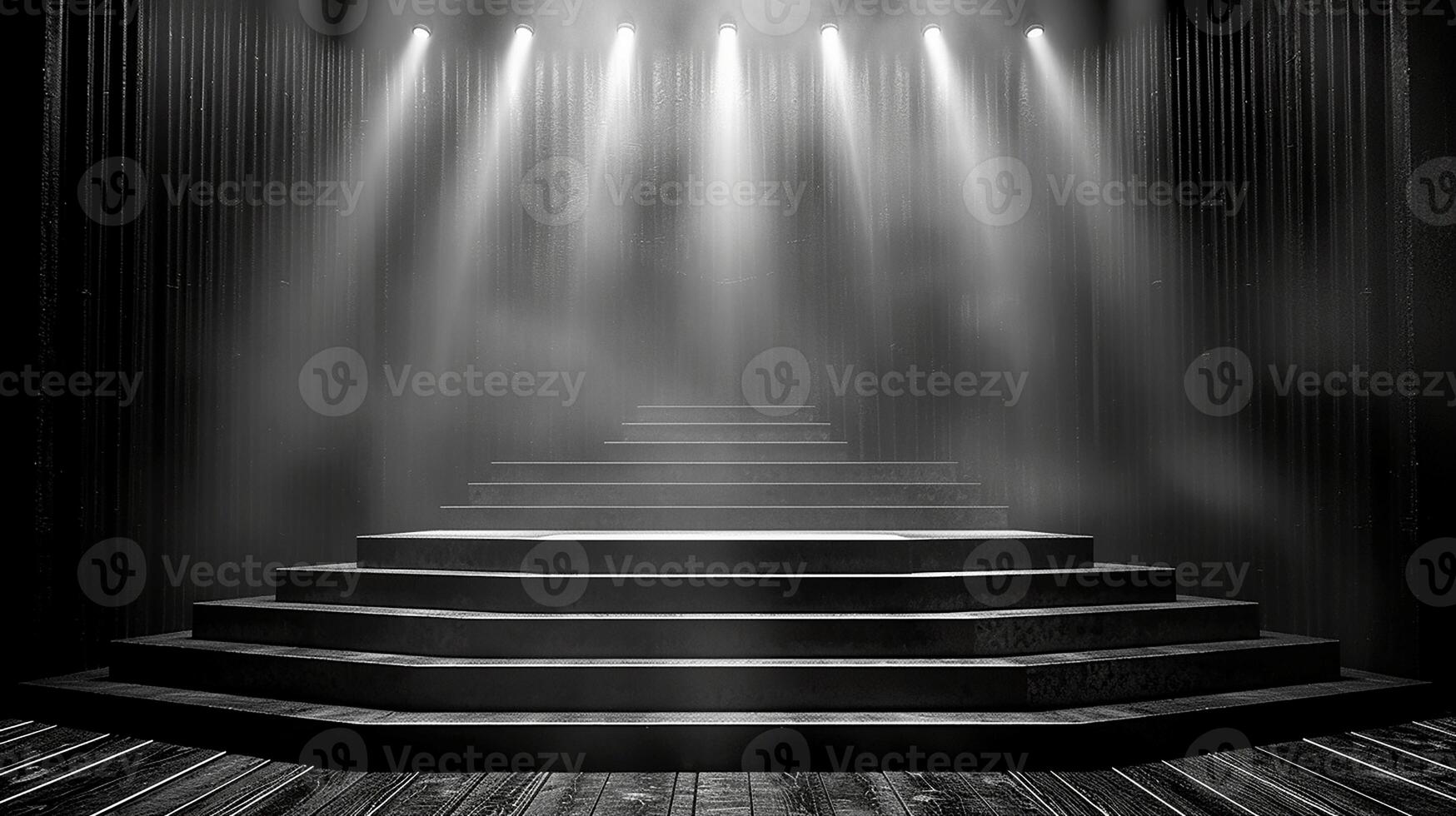 Black and white photo of a stage with stairs