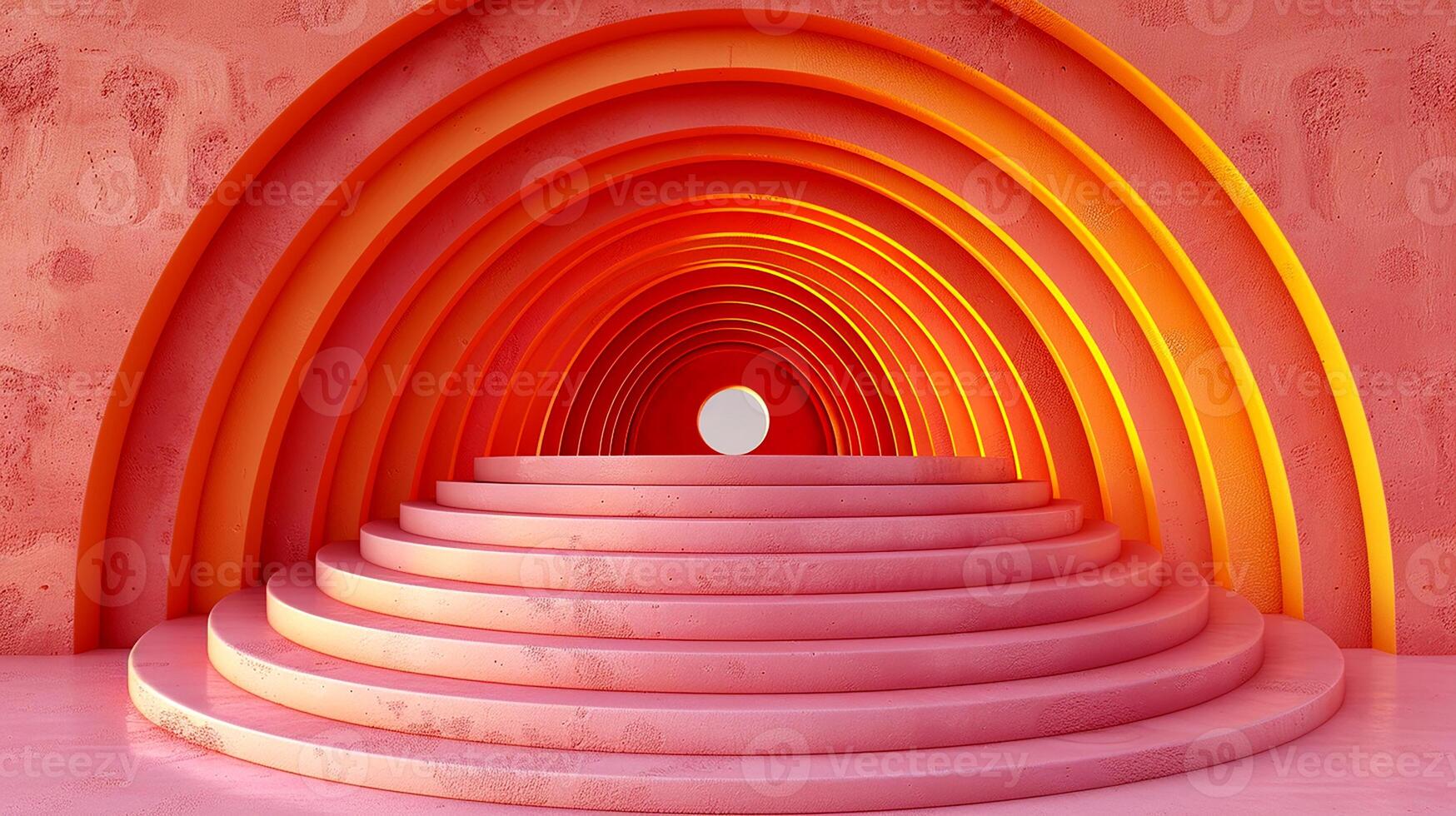 A pink tunnel with stairs leading to an open door photo