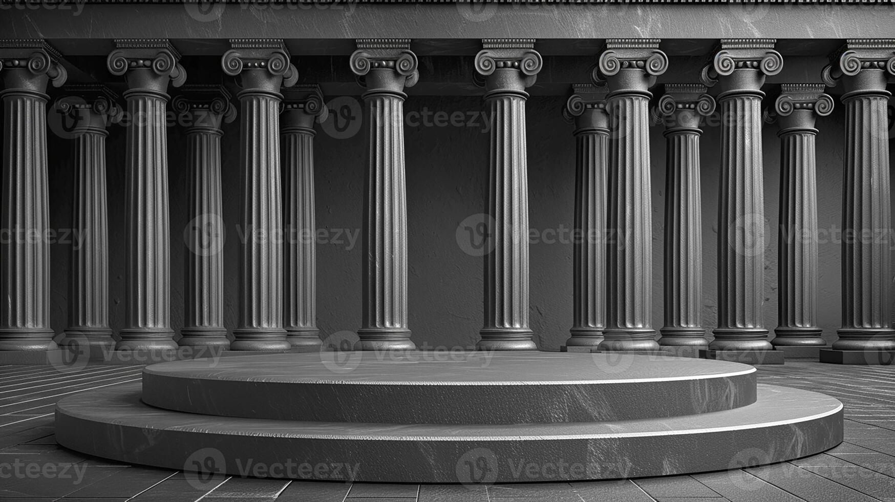 A black and white photo of a stage with columns