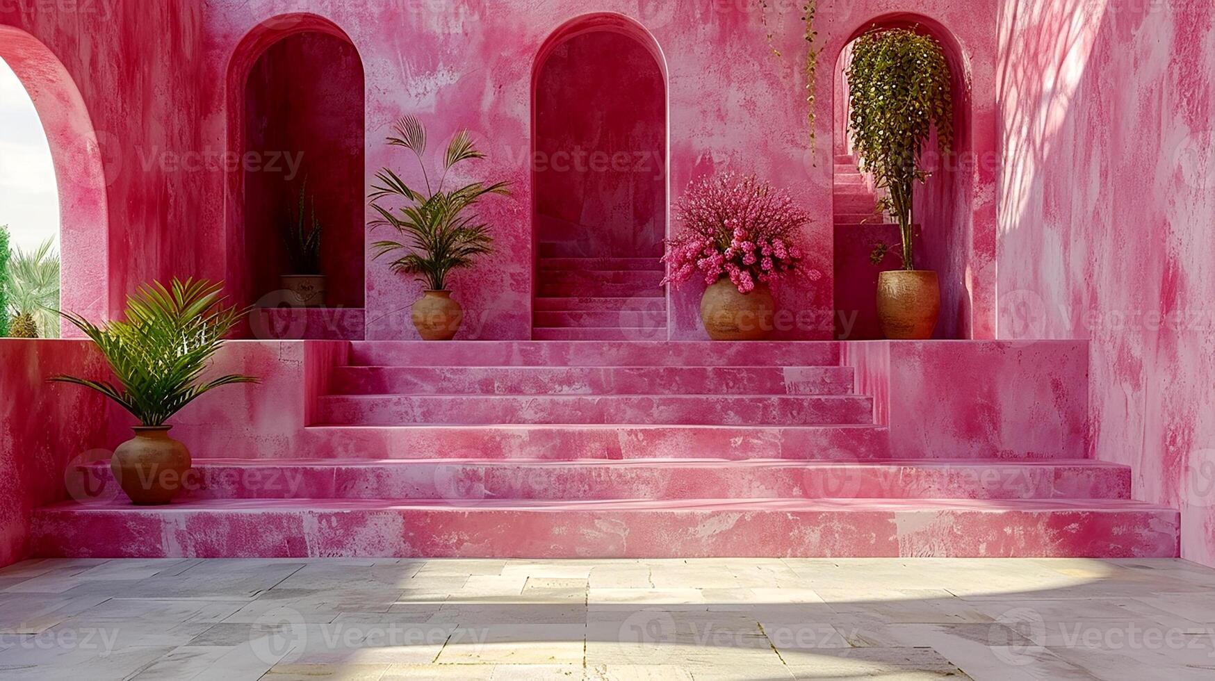 A pink wall with stairs and plants in pots photo