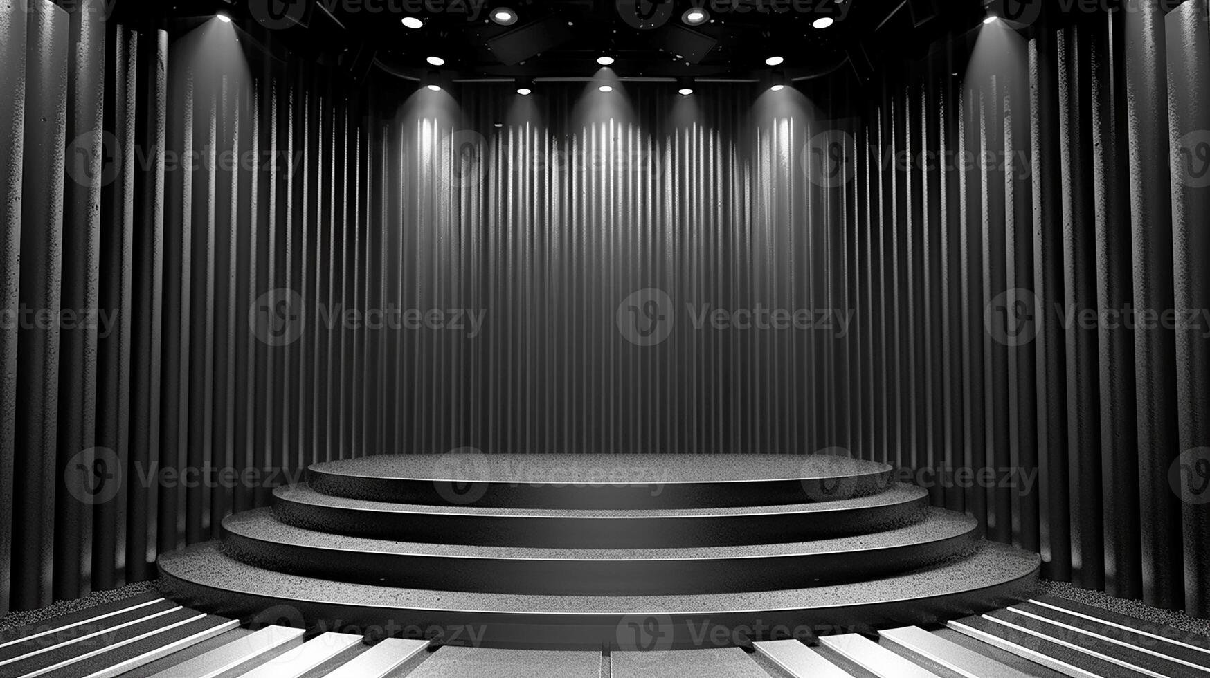 Black and white photo of a stage with a spotlight