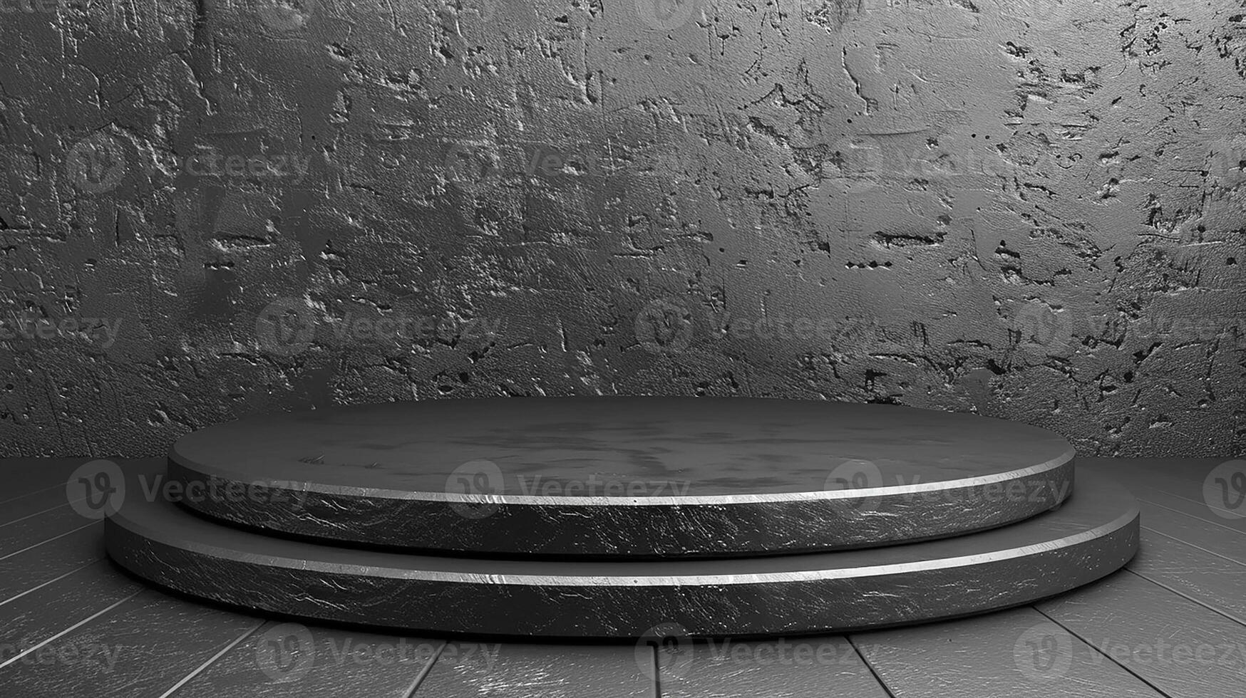 A black and white photo of a round podium on a wooden floor