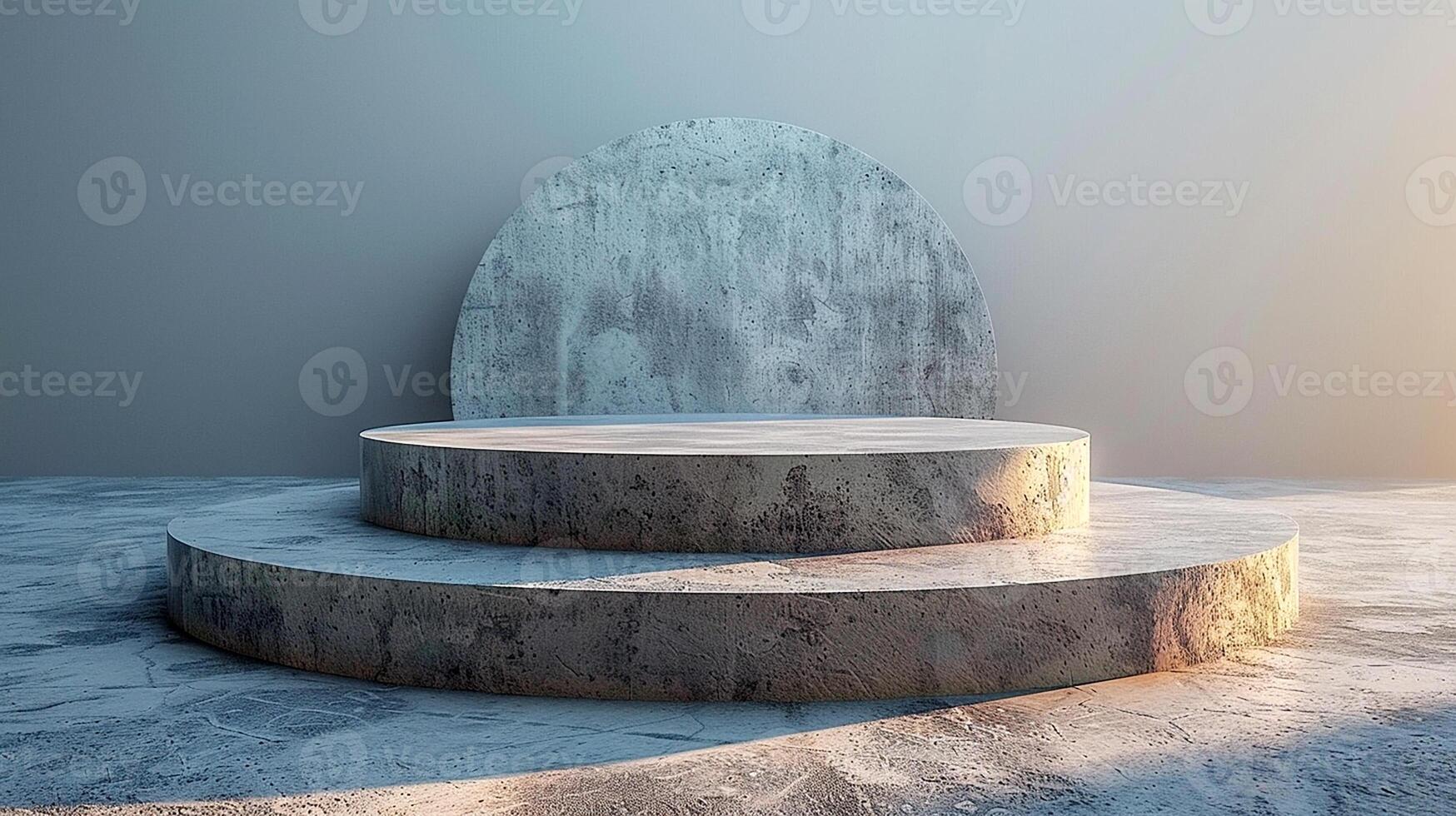 A concrete podium in front of a large wall photo
