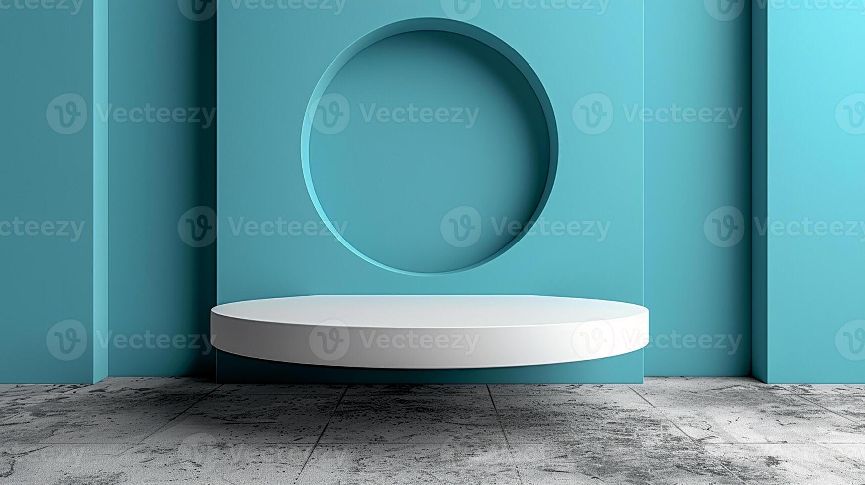 A white round table in front of a blue wall photo