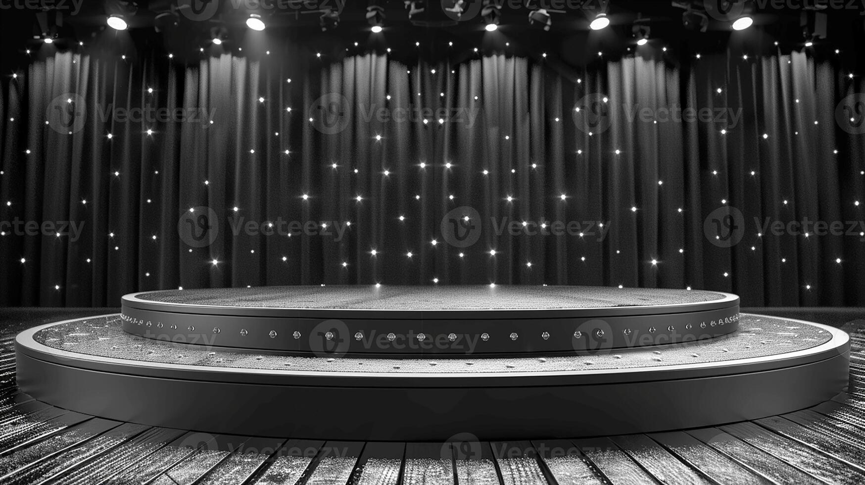 Black and white photo of a stage with a spotlight
