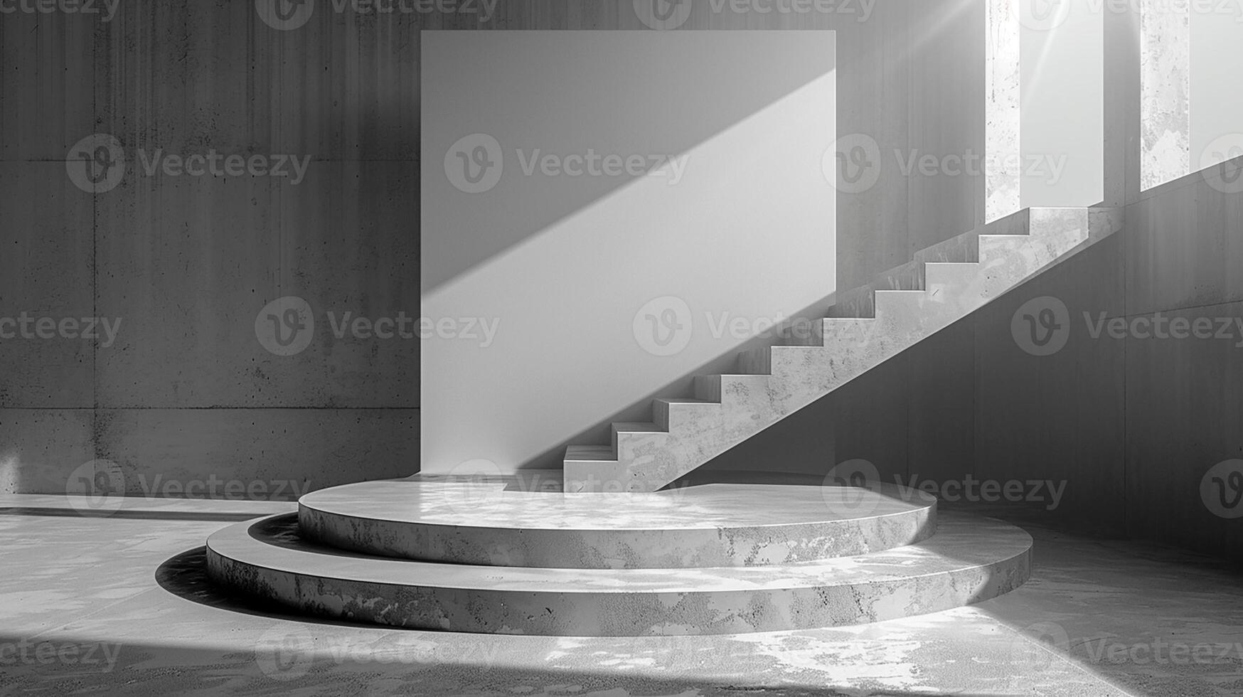 A stairway in a room with a white wall photo