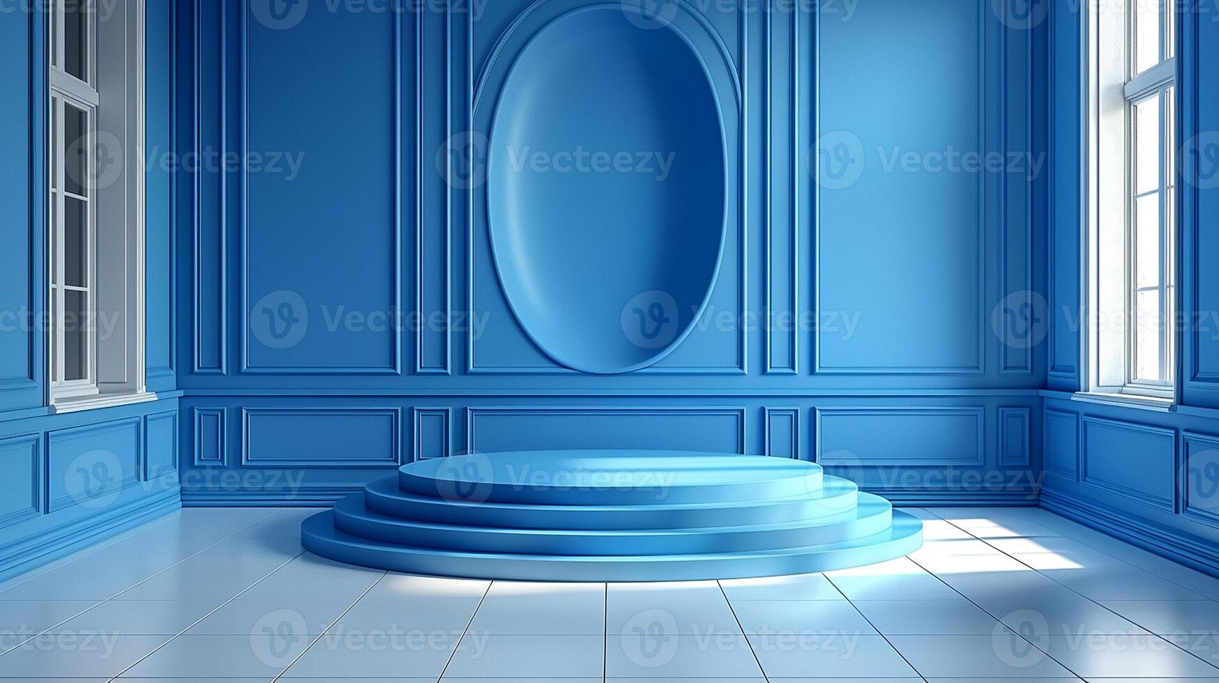 Blue room with a circular stage and a window photo