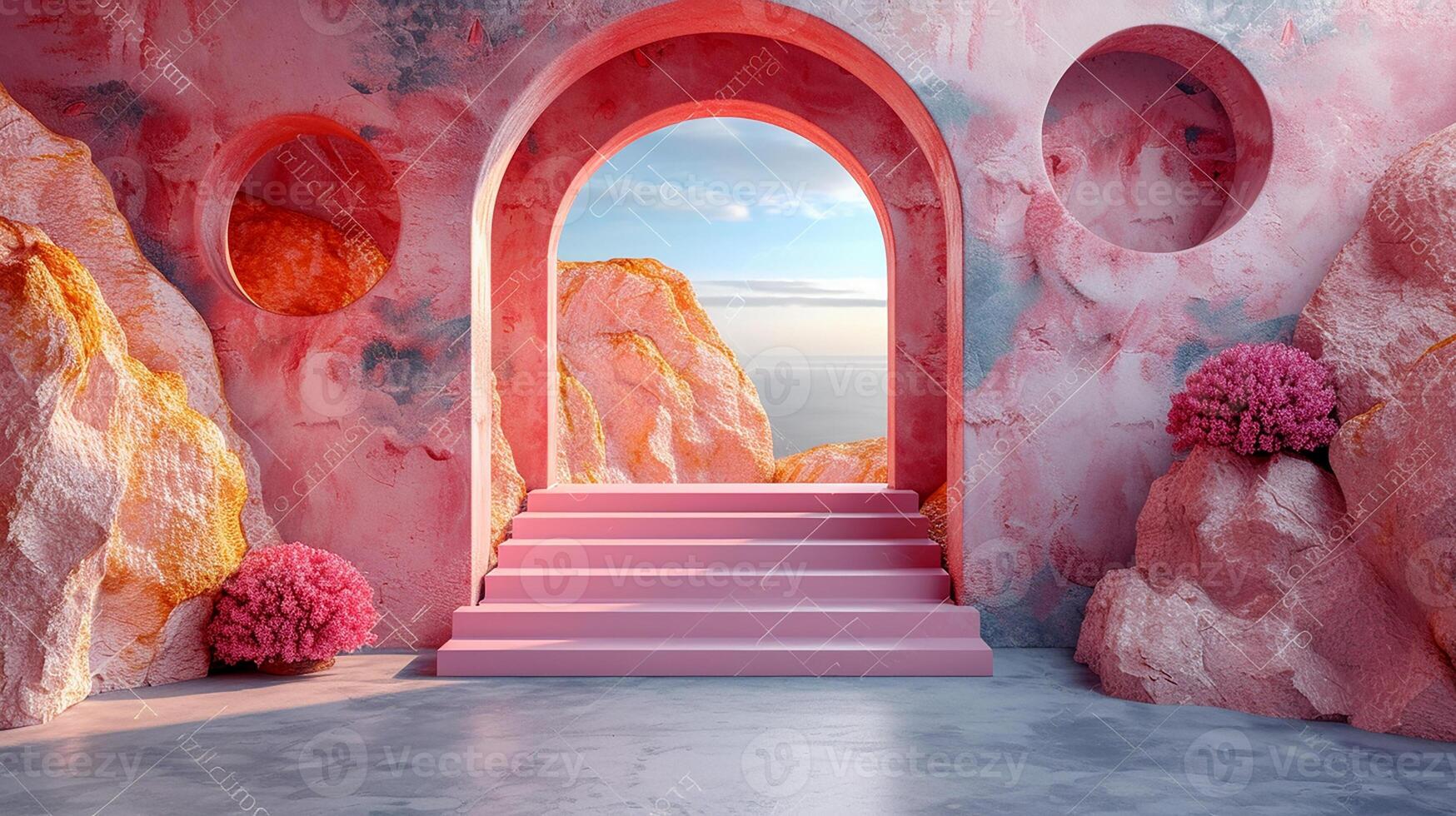 A pink door with stairs leading to a large rock wall photo