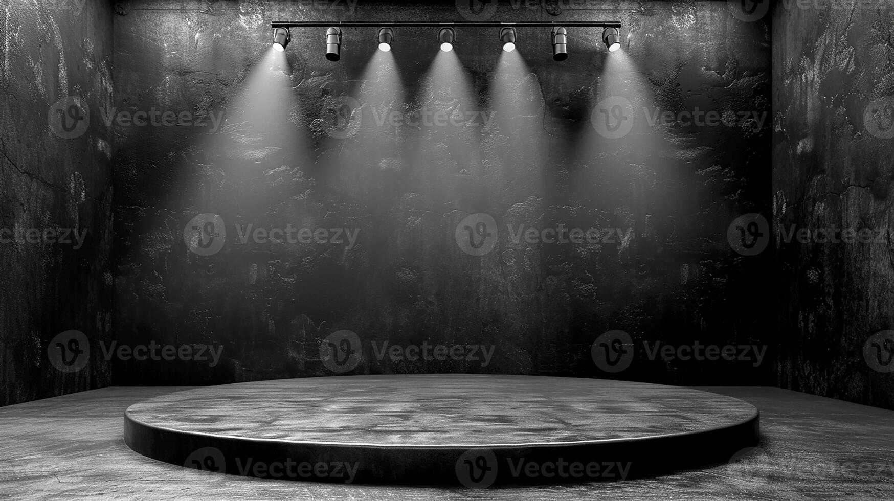 Black and white photo of a stage with lights