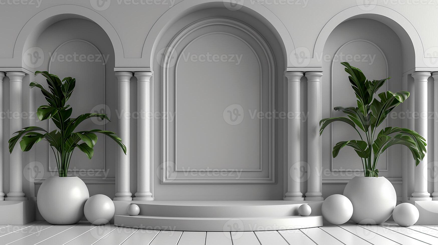 White room with two vases and a podium photo
