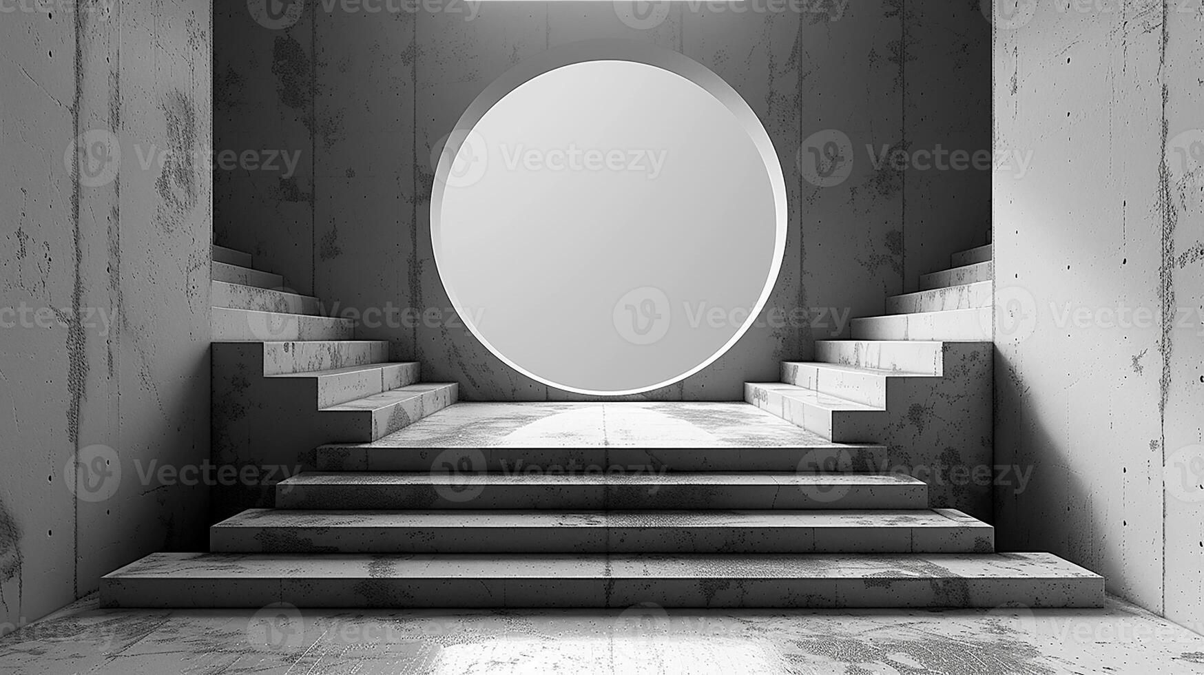 A large circular mirror in a room with stairs photo