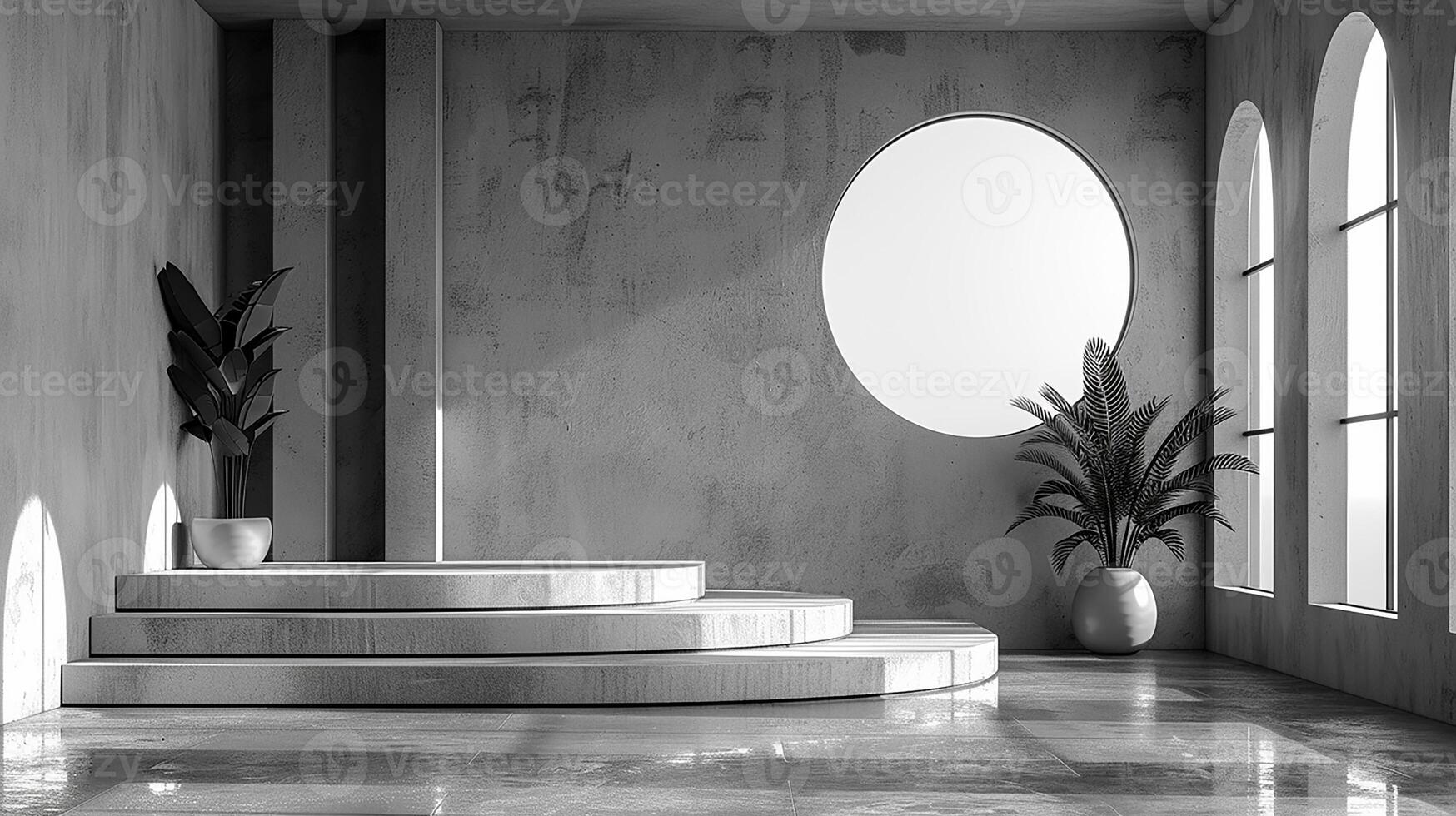 Black and white photo of a room with stairs