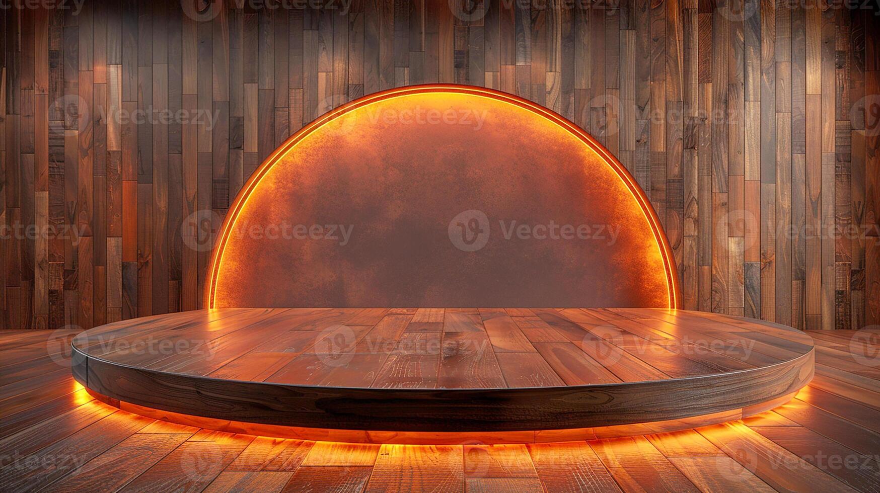 An empty room with a wooden floor and a round table photo