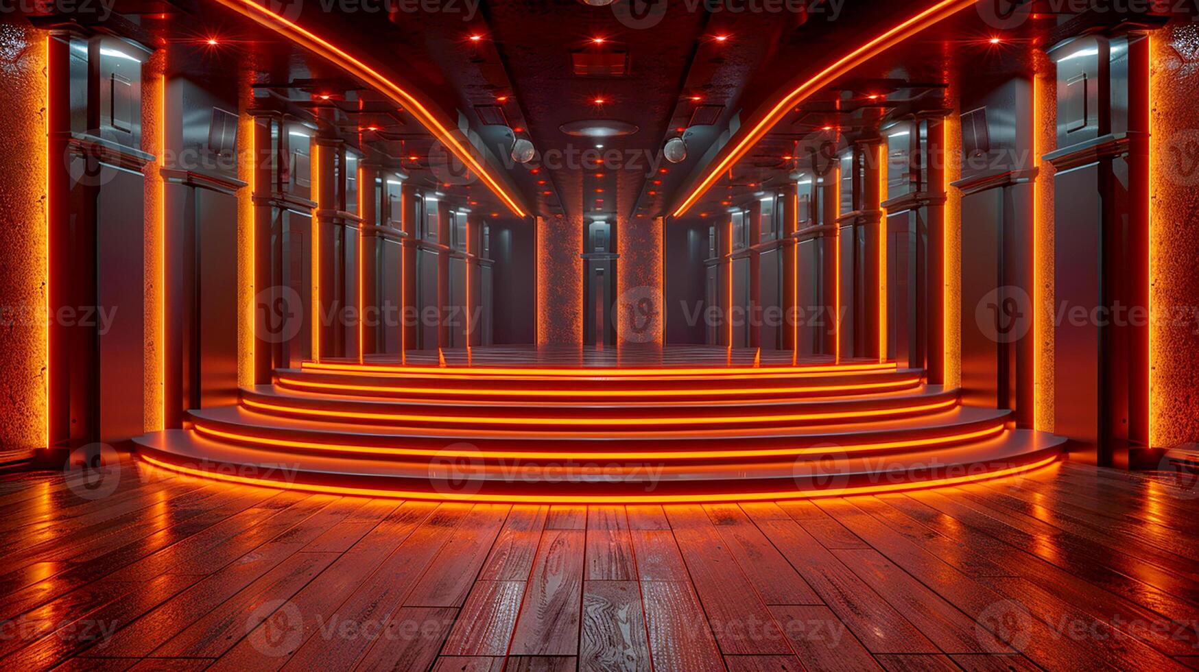A hallway with neon lights and stairs photo