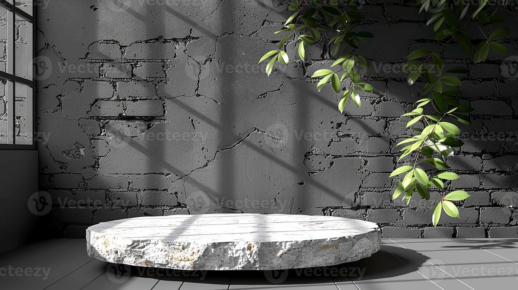 A stone bench sitting in front of a window photo