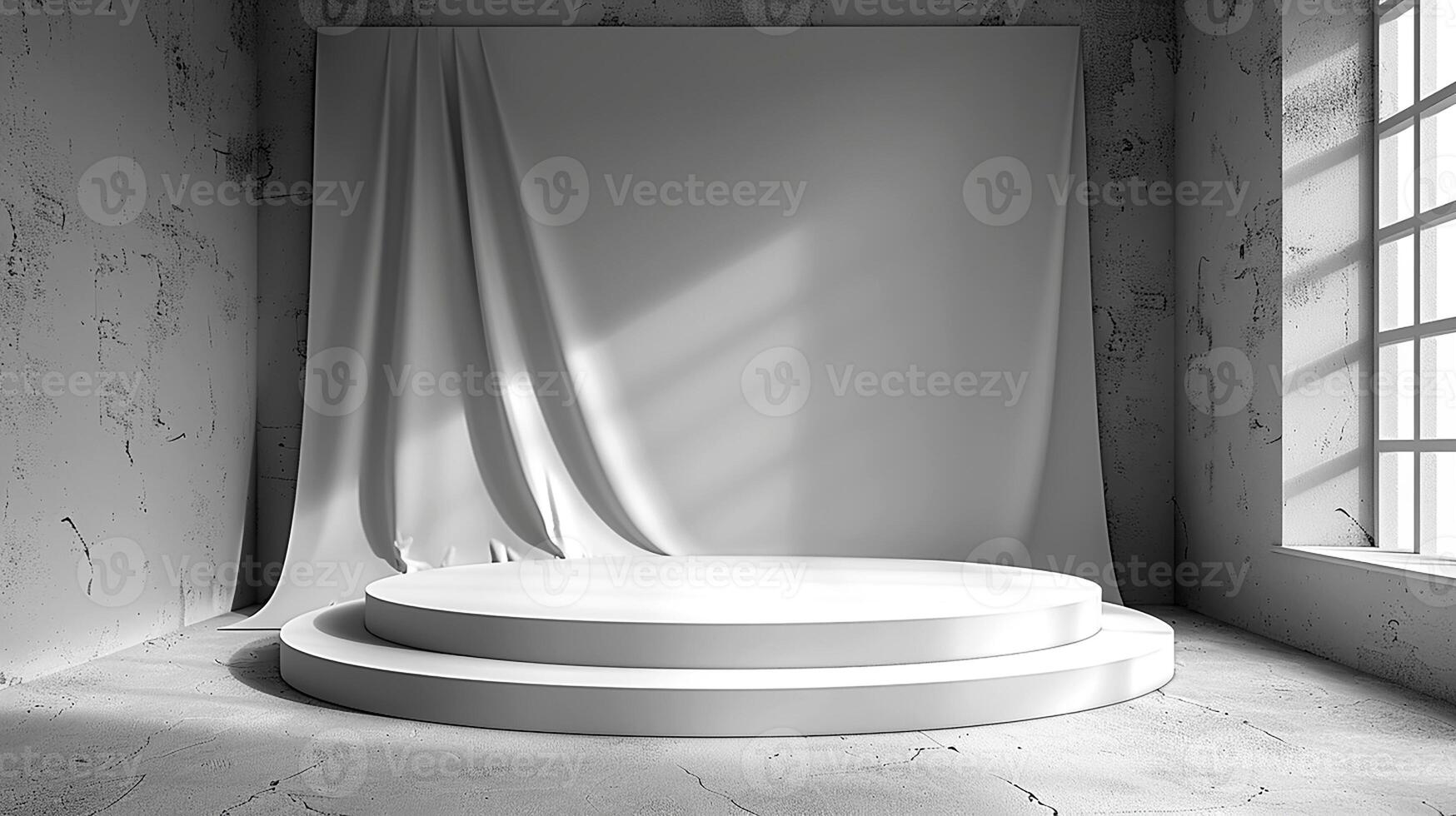 White stage with a curtain and a window photo