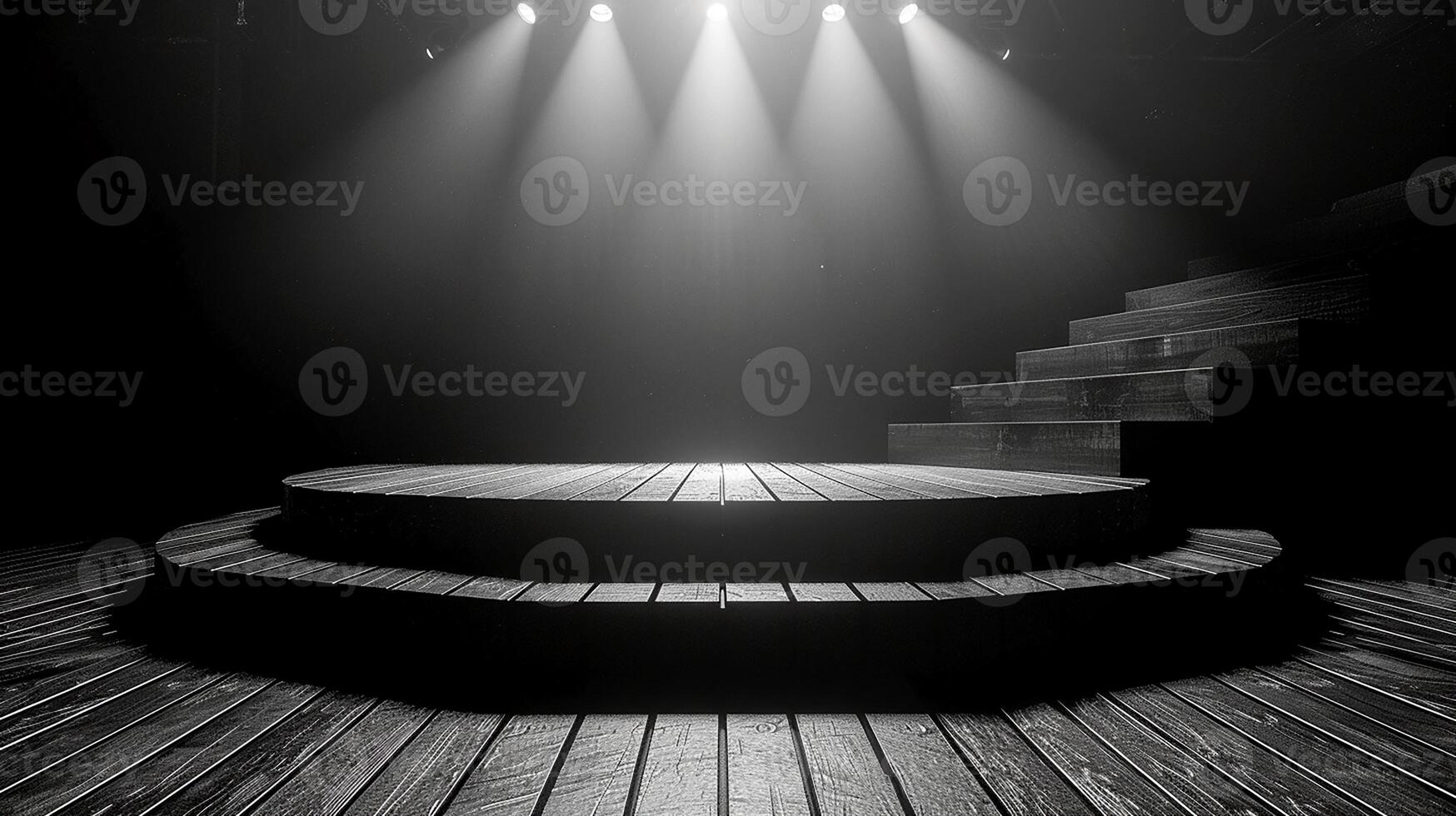 Black and white photo of a stage with stairs