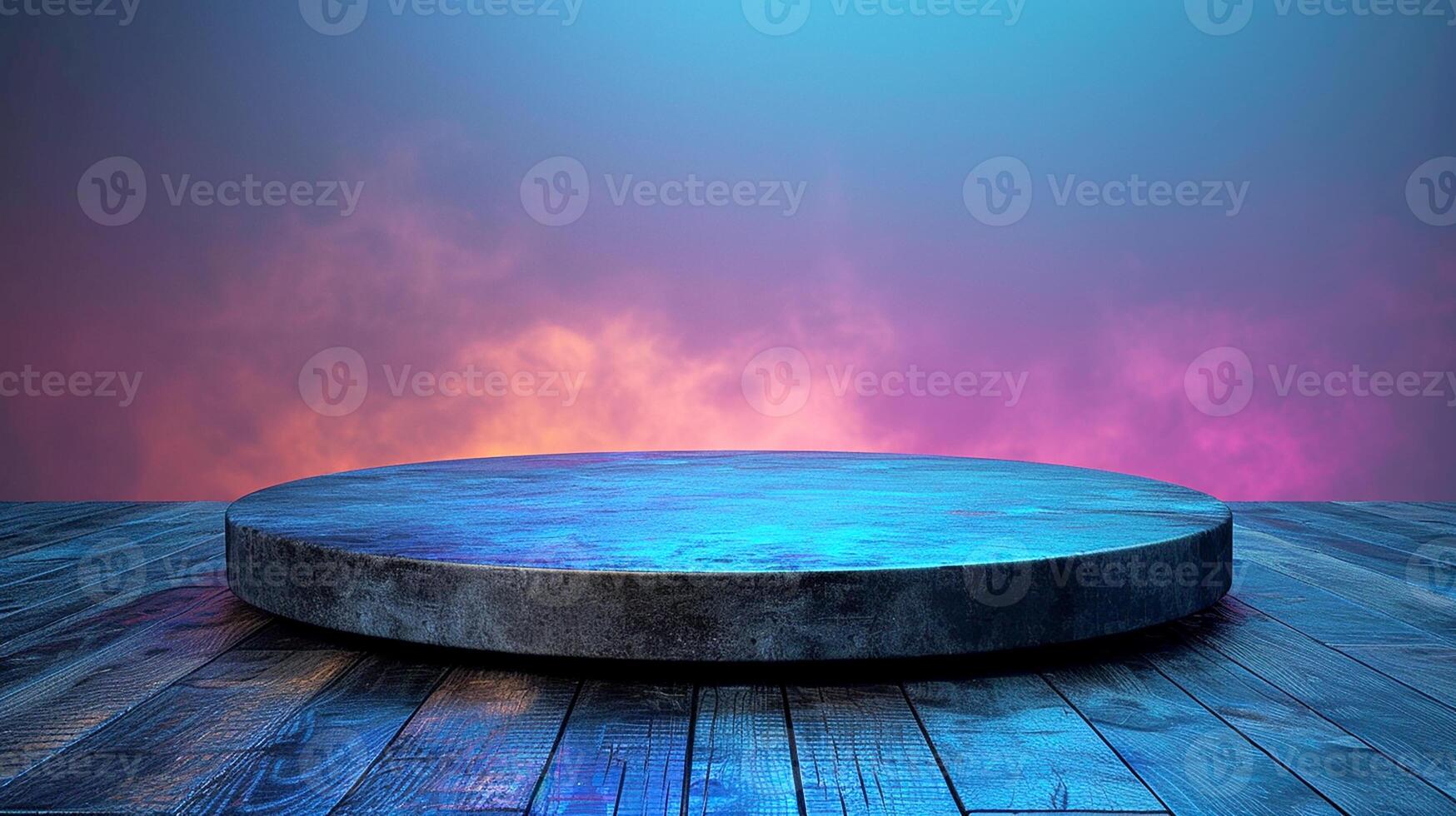 An empty round table on a wooden floor with a blue and purple background photo