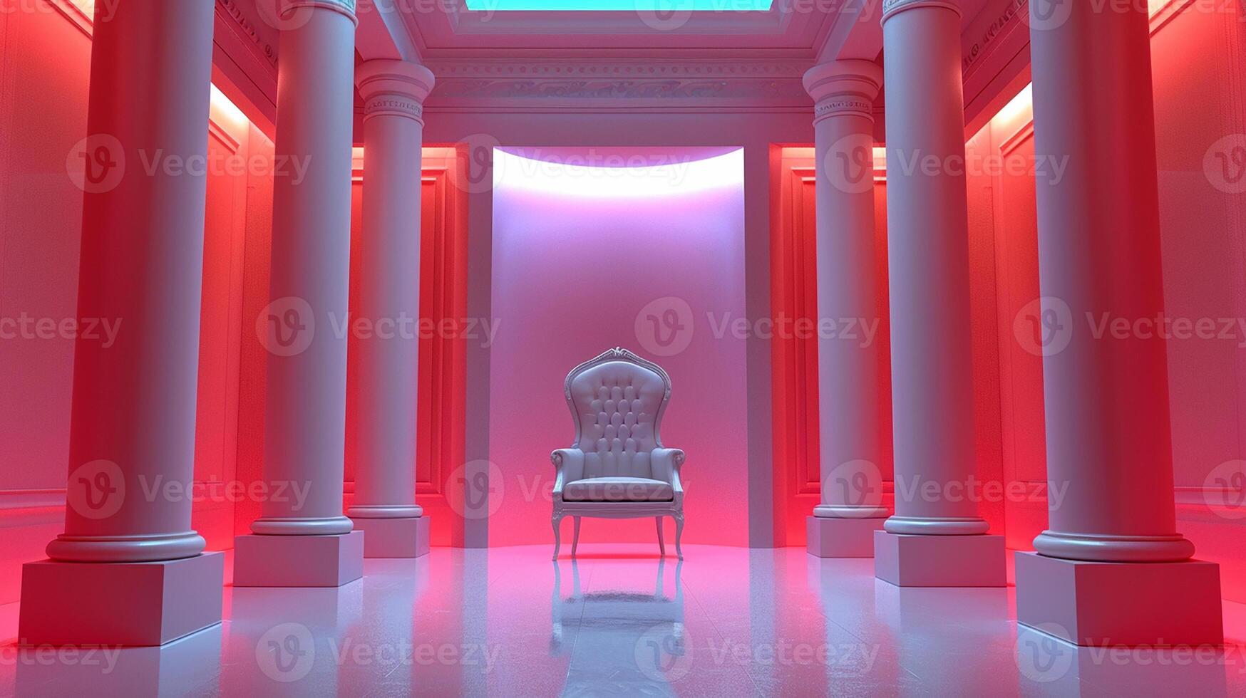 A chair in a room with columns and pink lights photo