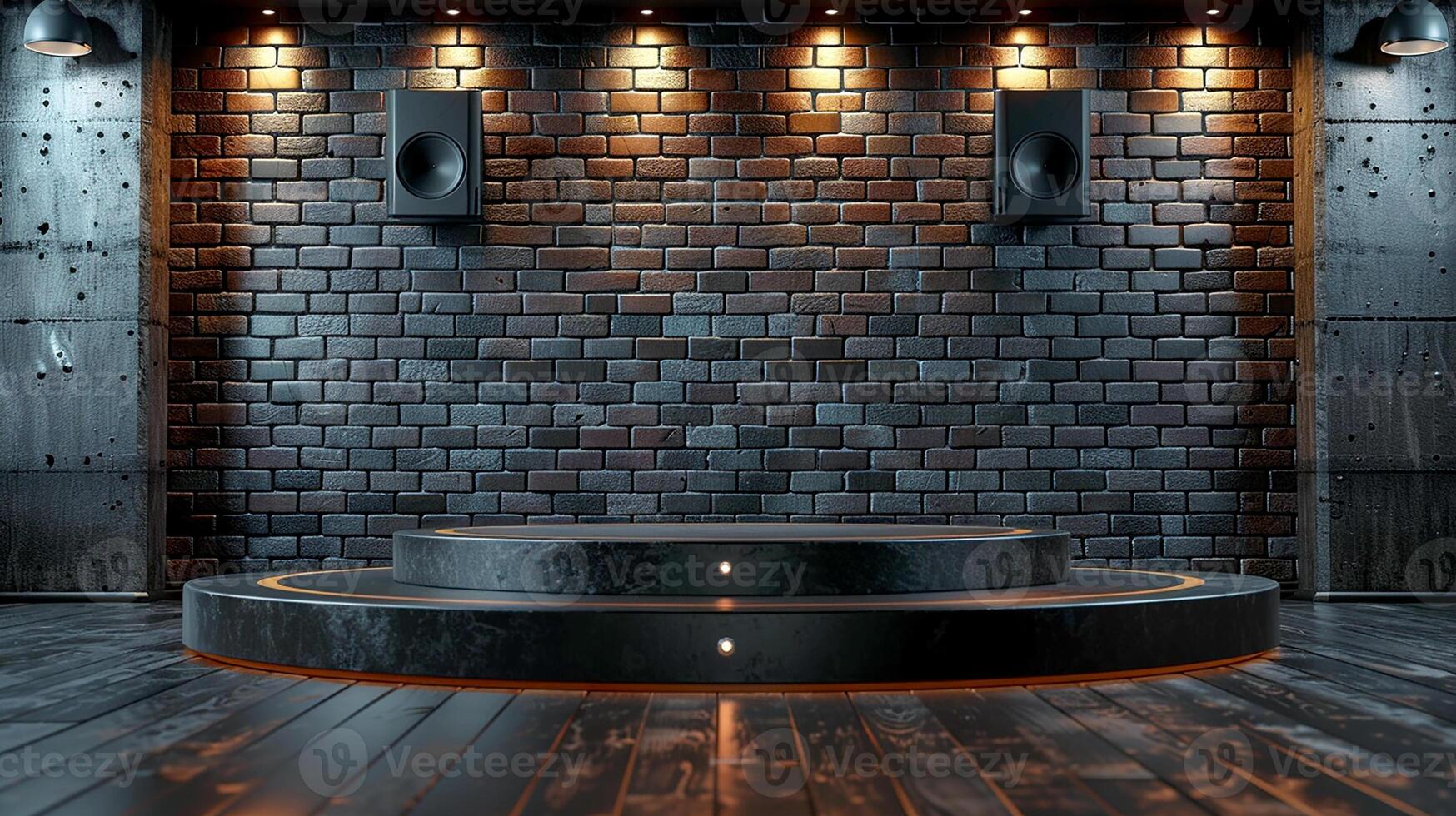 A room with a black brick wall and a stage photo
