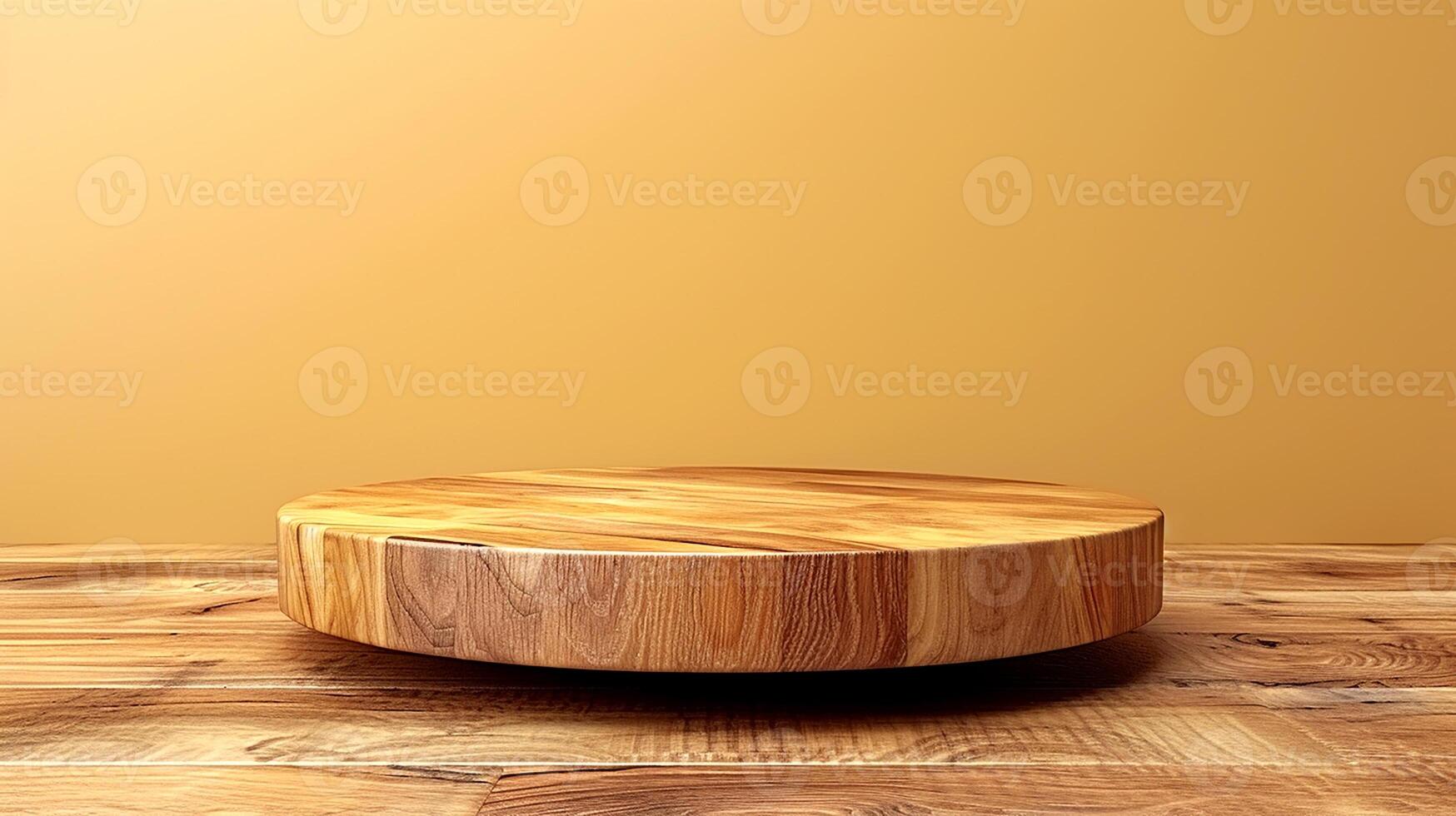 Wooden round table on wooden table with yellow background photo