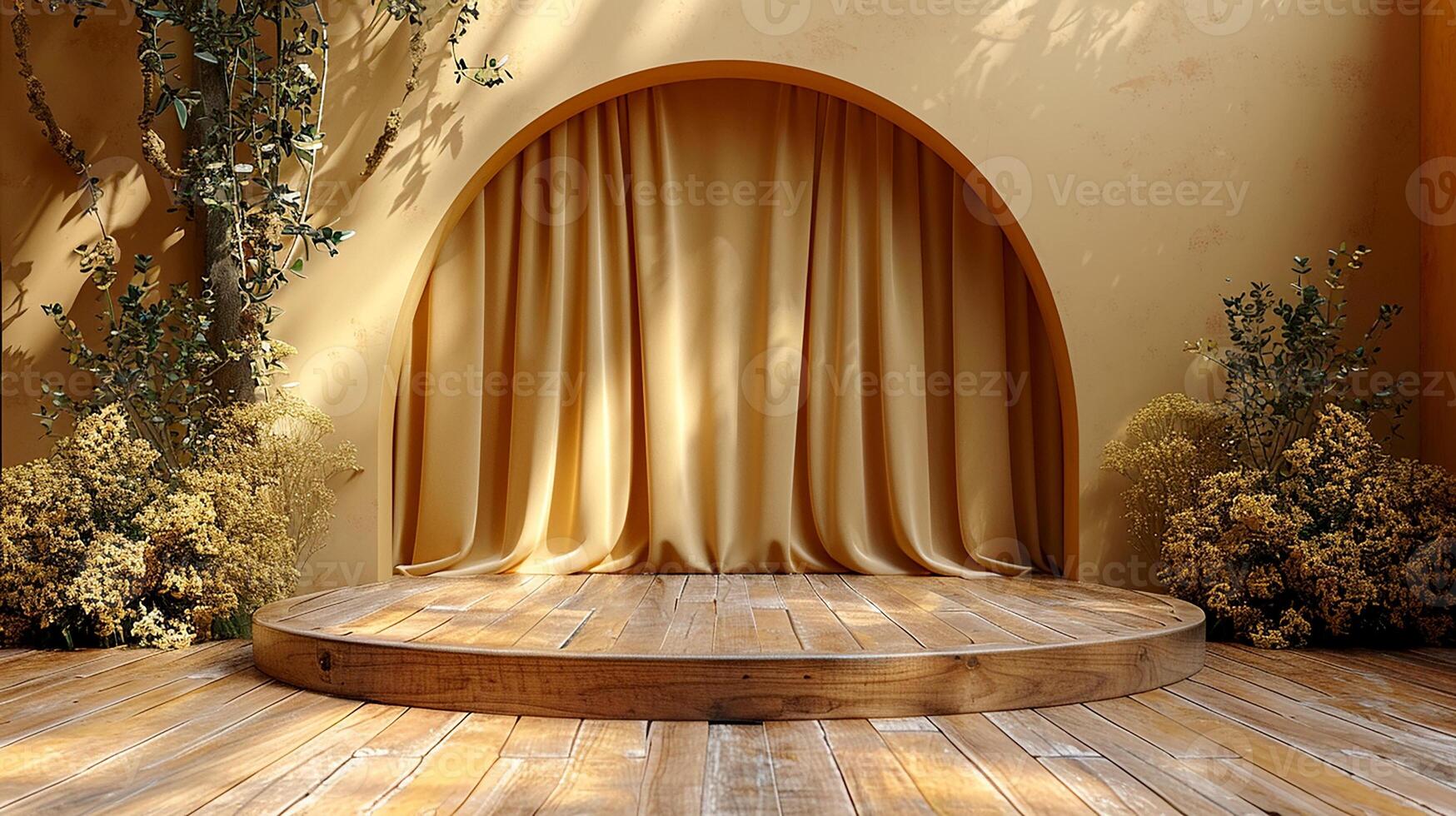 A stage with a curtain and plants in front of it photo