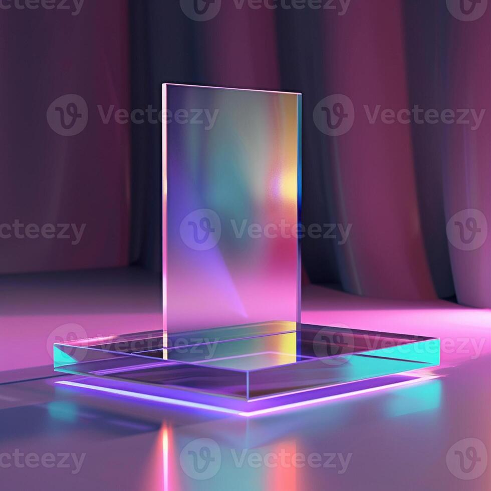 A glass display stand with a colorful light photo