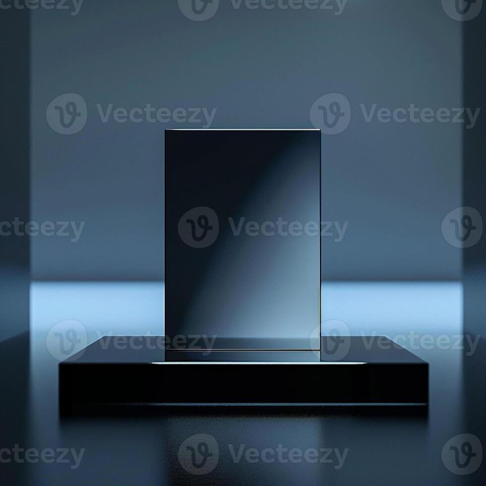 A black square on a table in front of a light photo