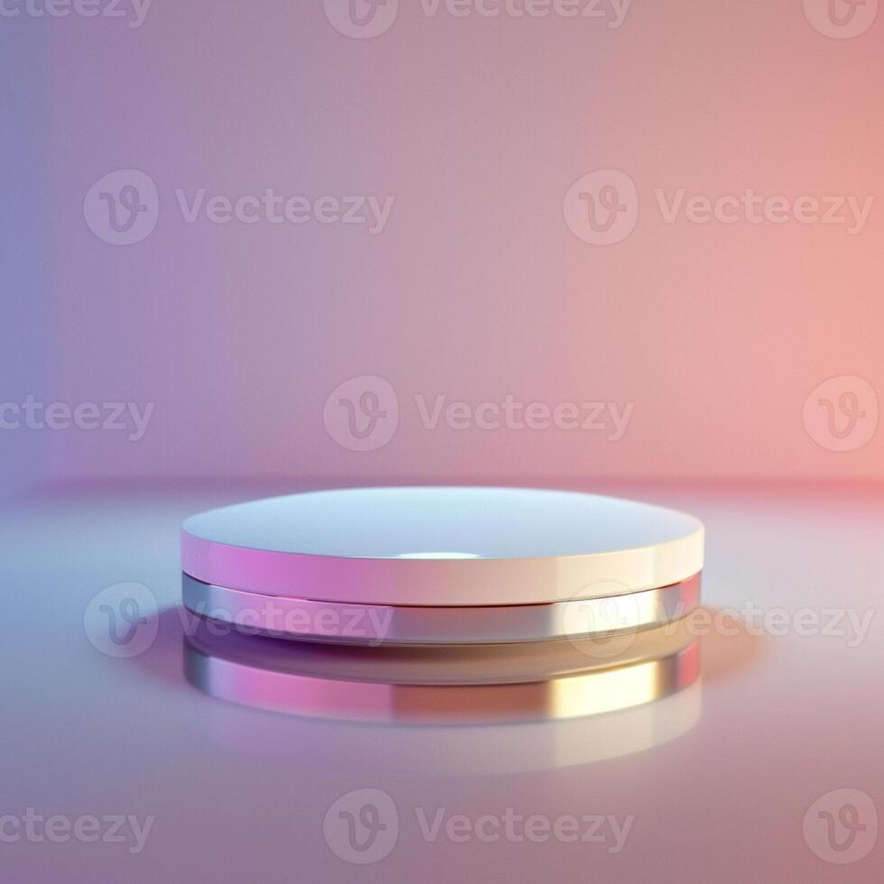 A white circular object on a table with a blue and pink background photo