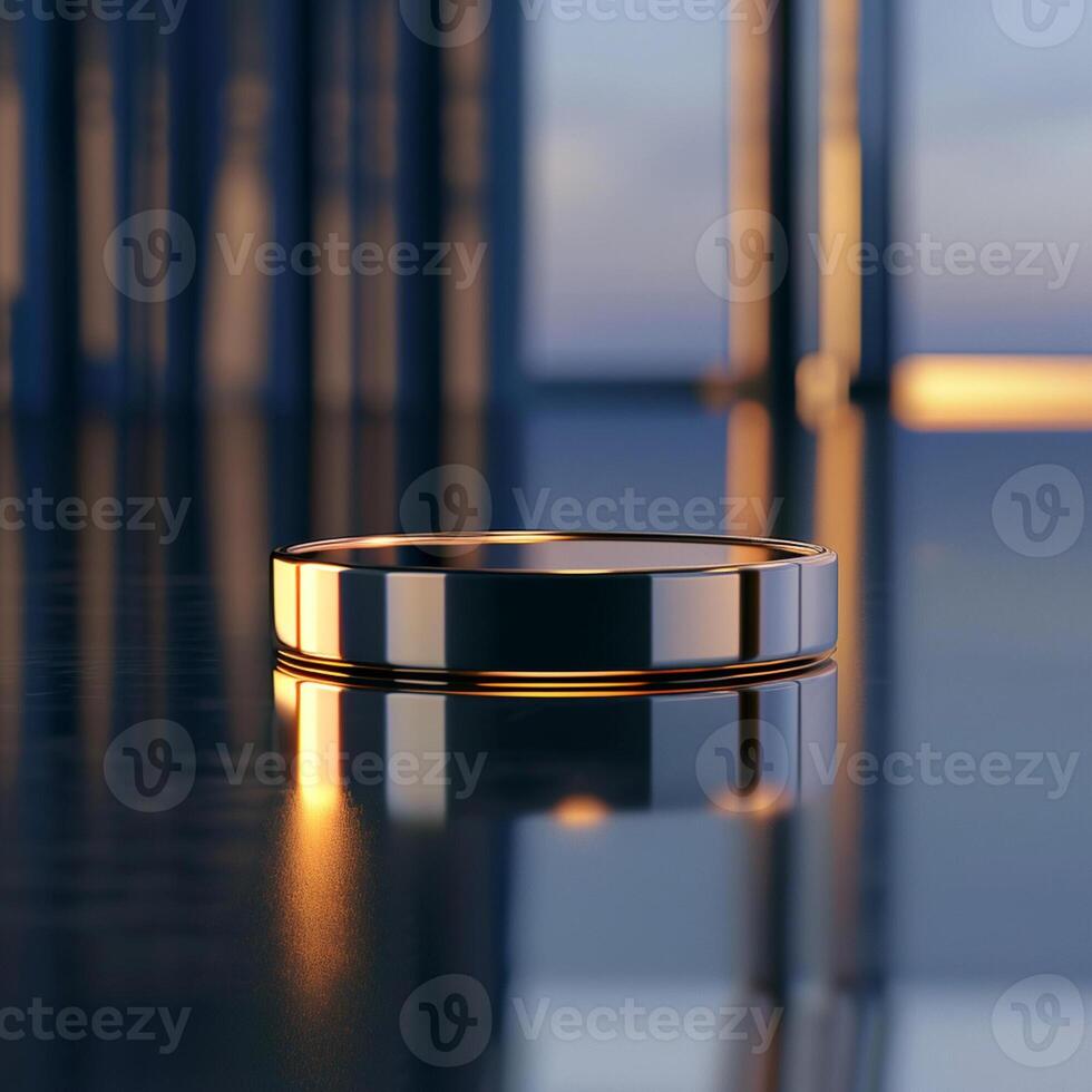 A wedding ring sitting on a table in front of a window photo