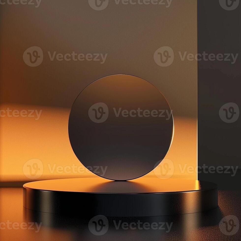 A black sphere on a pedestal in front of a wall photo