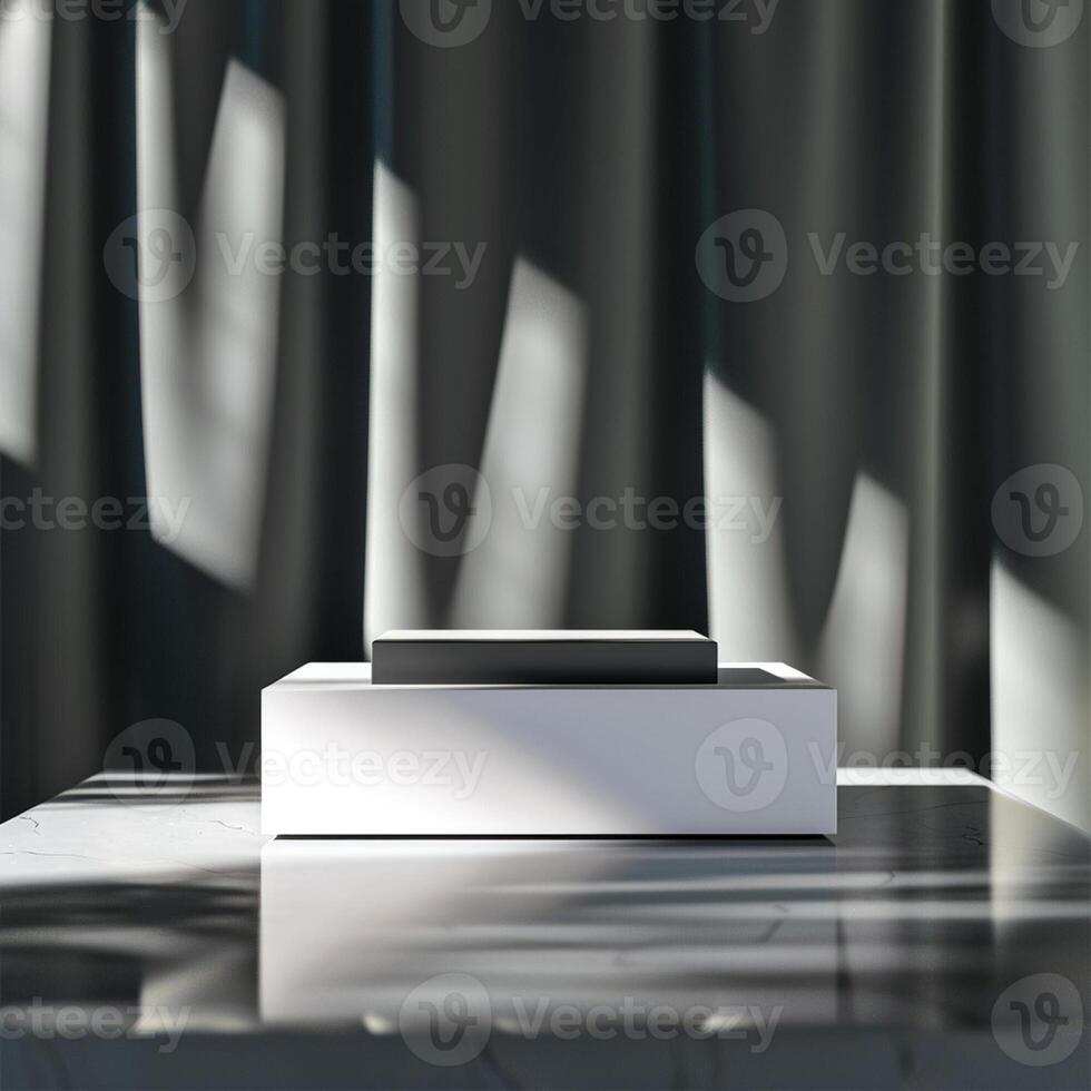 A white box sitting on a table in front of curtains photo