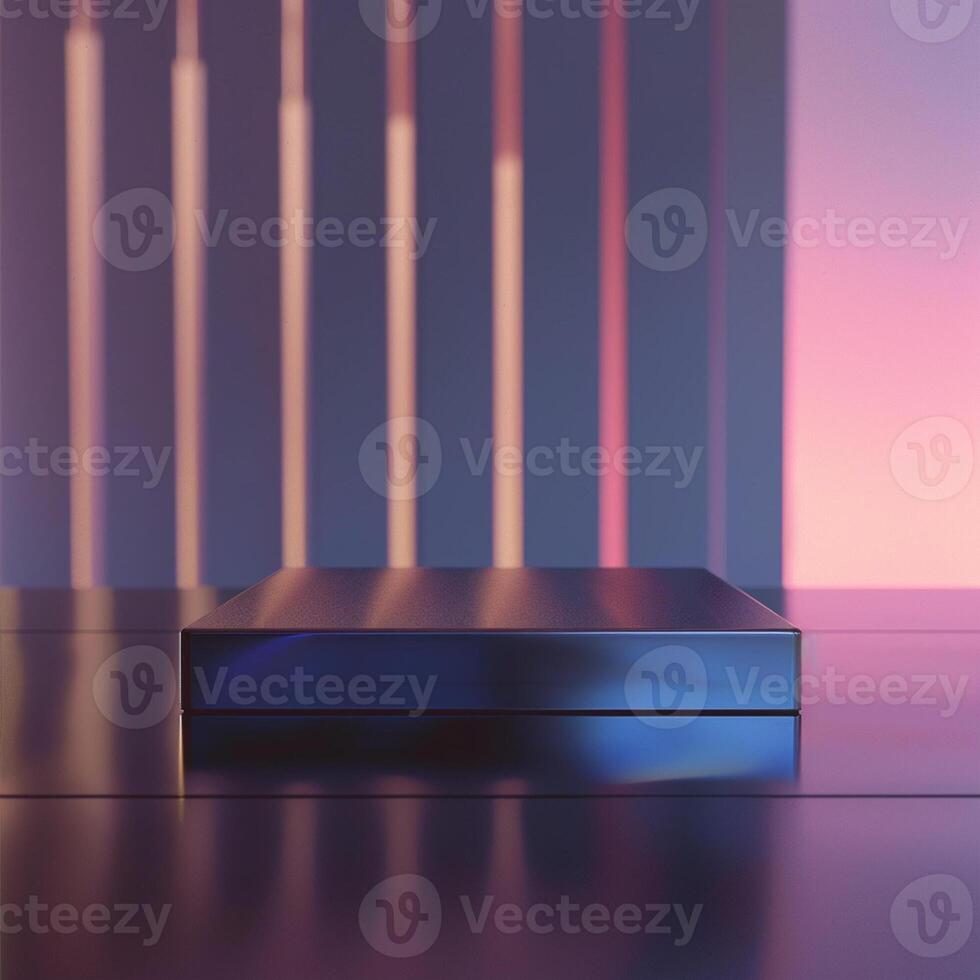 A blue box sitting on a table in front of a pink and purple background photo