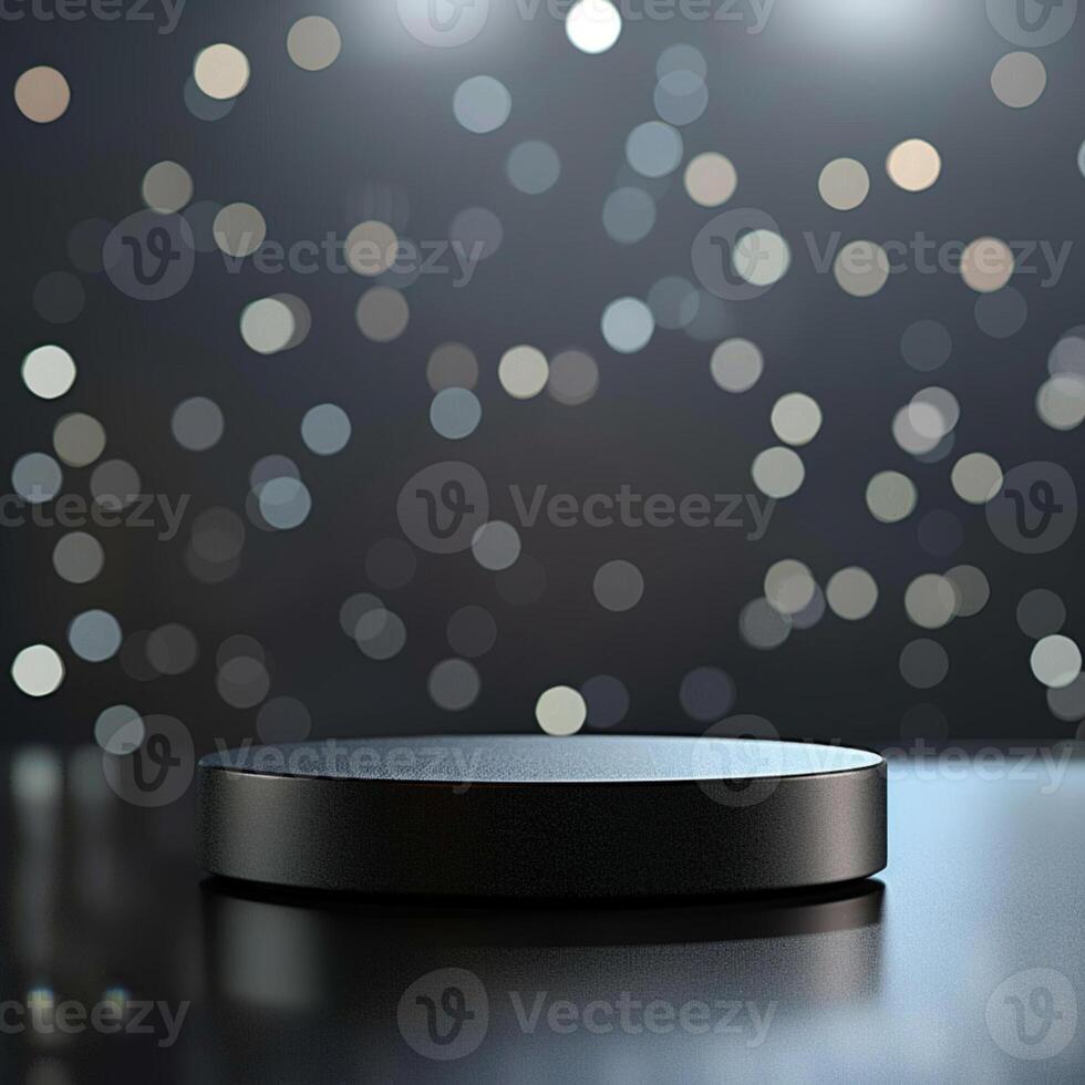 An empty black podium on a table in front of a dark background photo