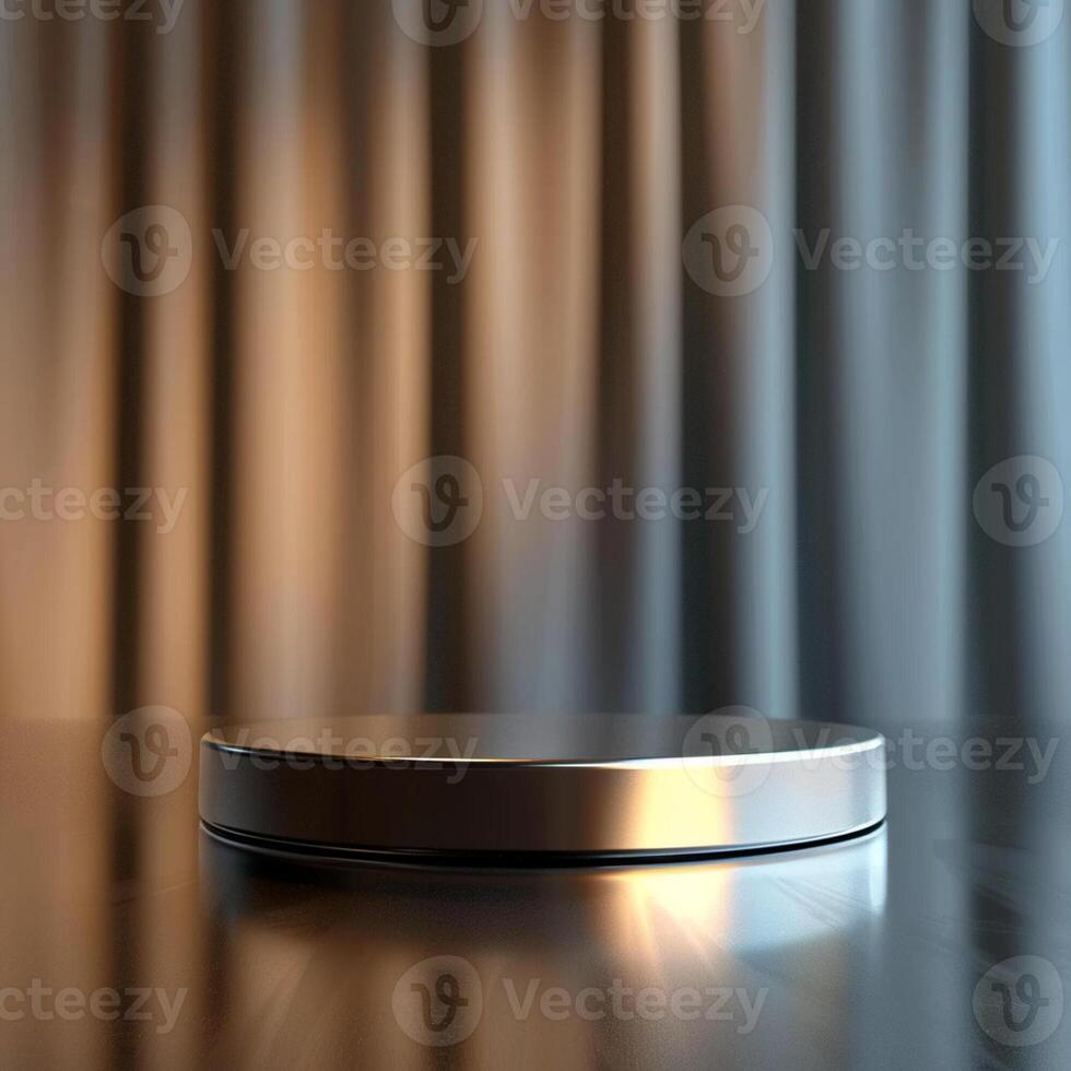 An empty silver round table on a table with a curtain photo