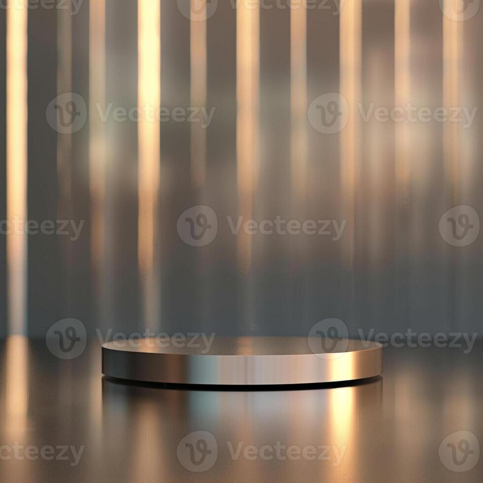 A silver object on a table in front of a blurred background photo