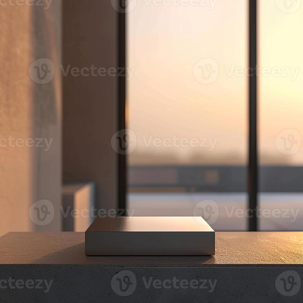 A box sitting on a table in front of a large window photo