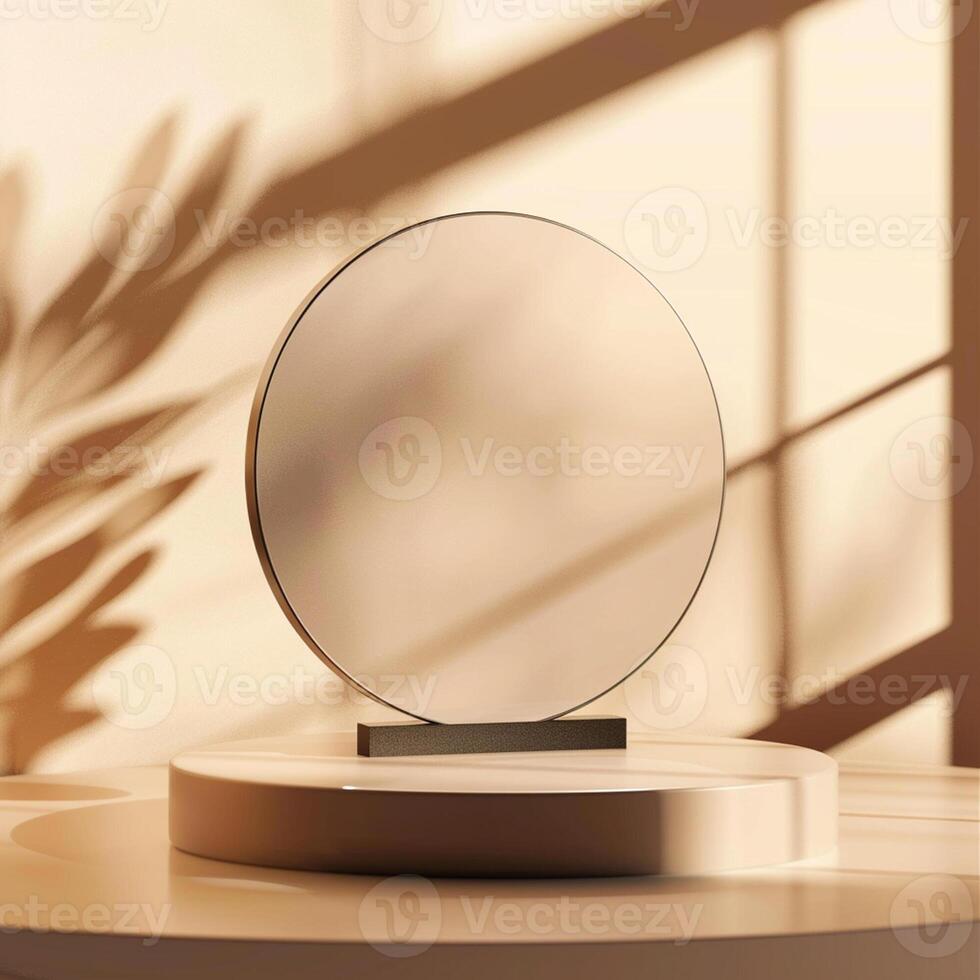A round mirror on a table in front of a window photo