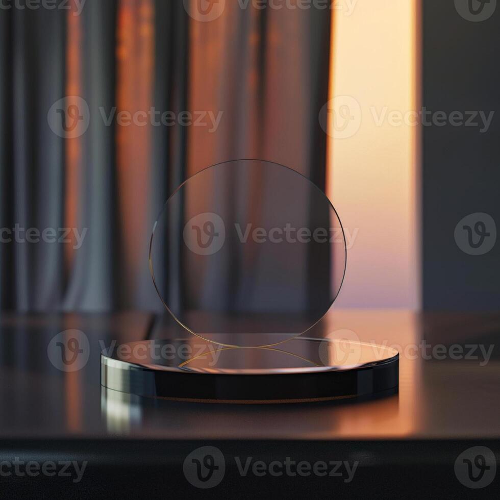 A glass sphere on a table in front of curtains photo