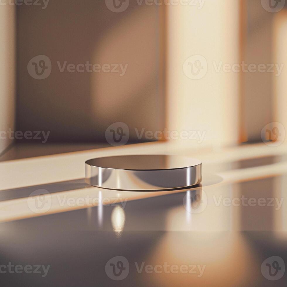 A silver object sitting on a table in front of a window photo