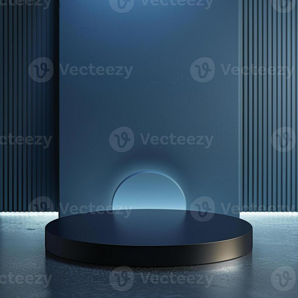 An empty room with a black podium and a light photo